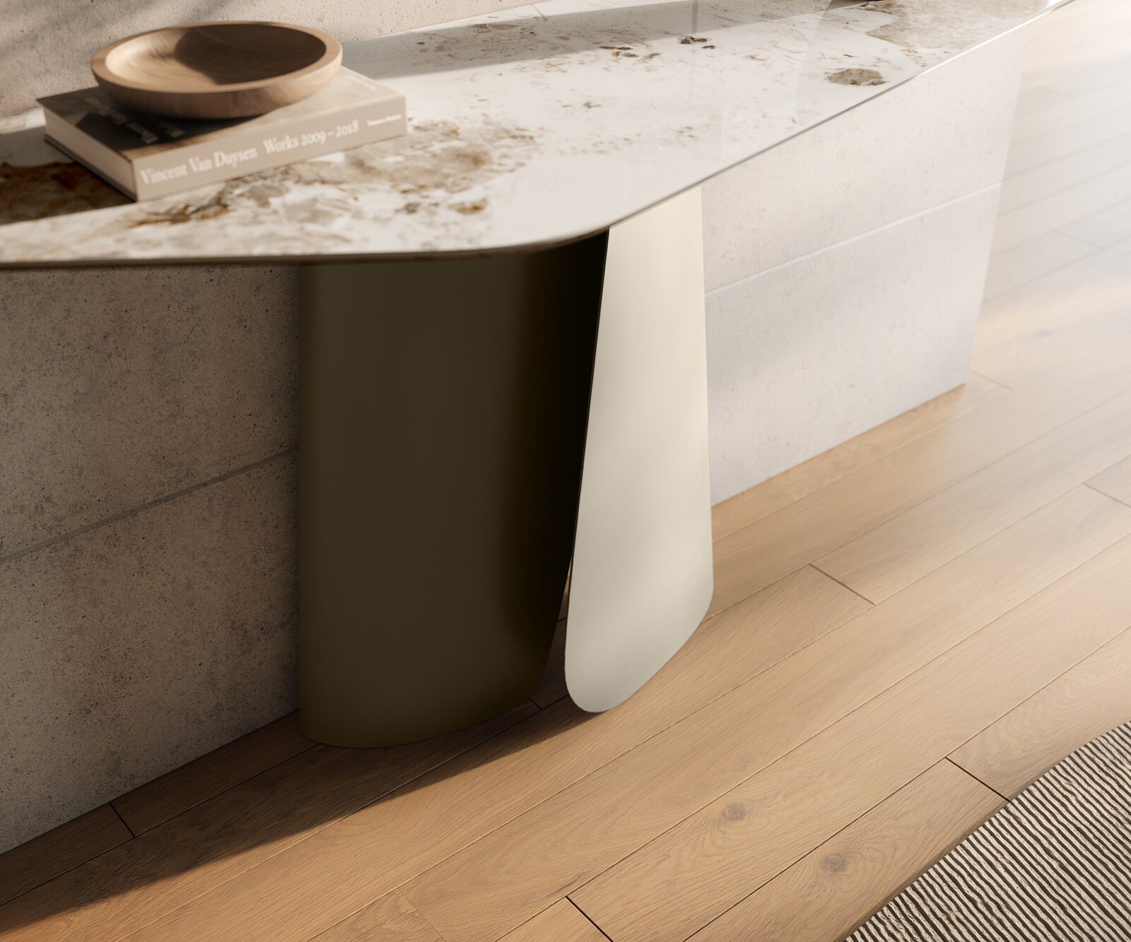 Consoletafel Edge Polygonaal 140x50 cm Keramiek Minas Melange Weiß-Beige Livos Metaal Effektfinish Titan 6