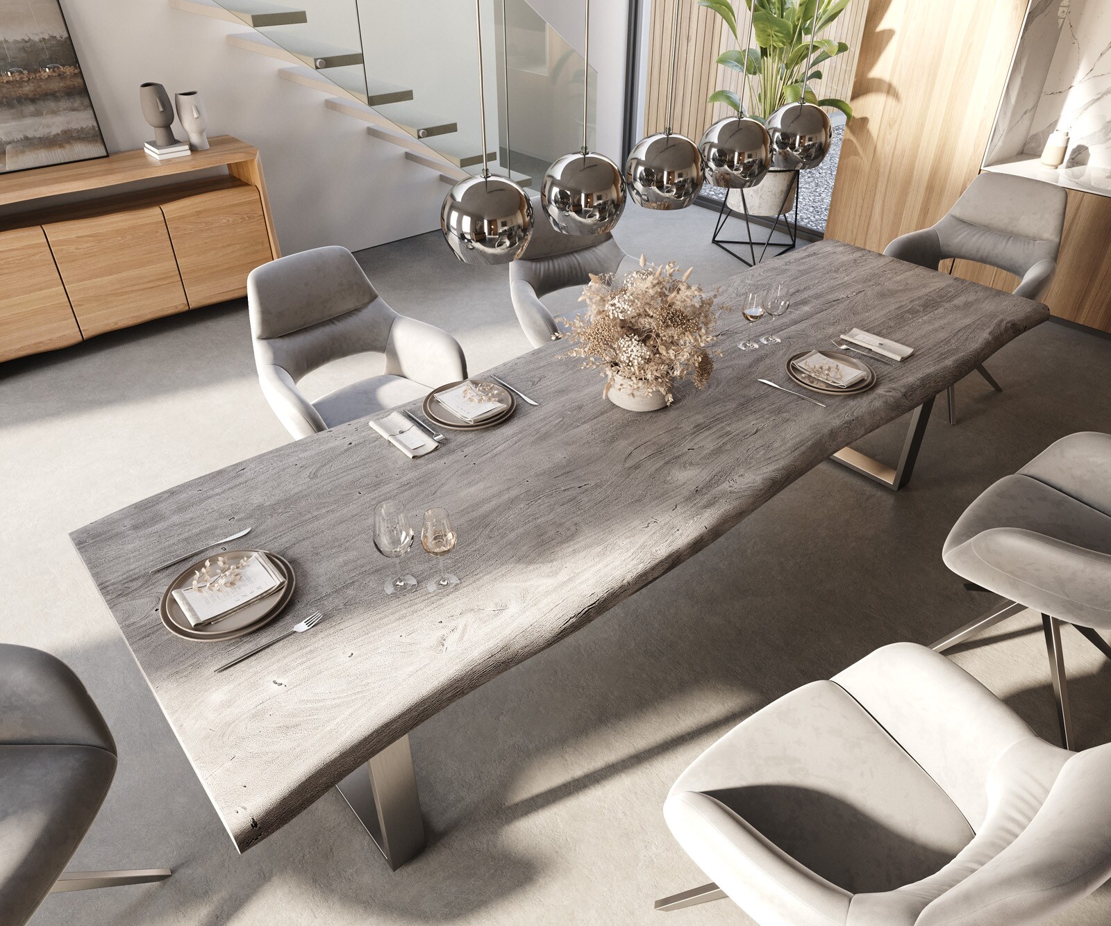 Eettafel Edge 300x100 XL acacia platina roestvrijstaal smal Live-Edge 4