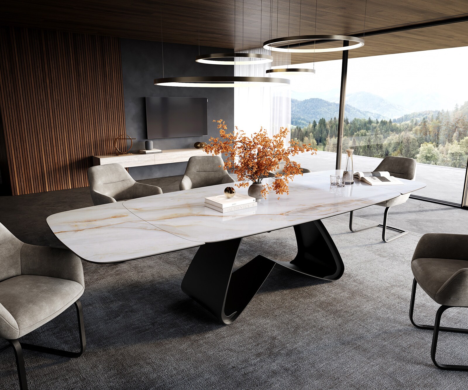 Eettafel Edge Boot 200-300x120 cm Keramiek Onyx Pearl W-onderstel Metaal Zwart uitschuifbaar 1
