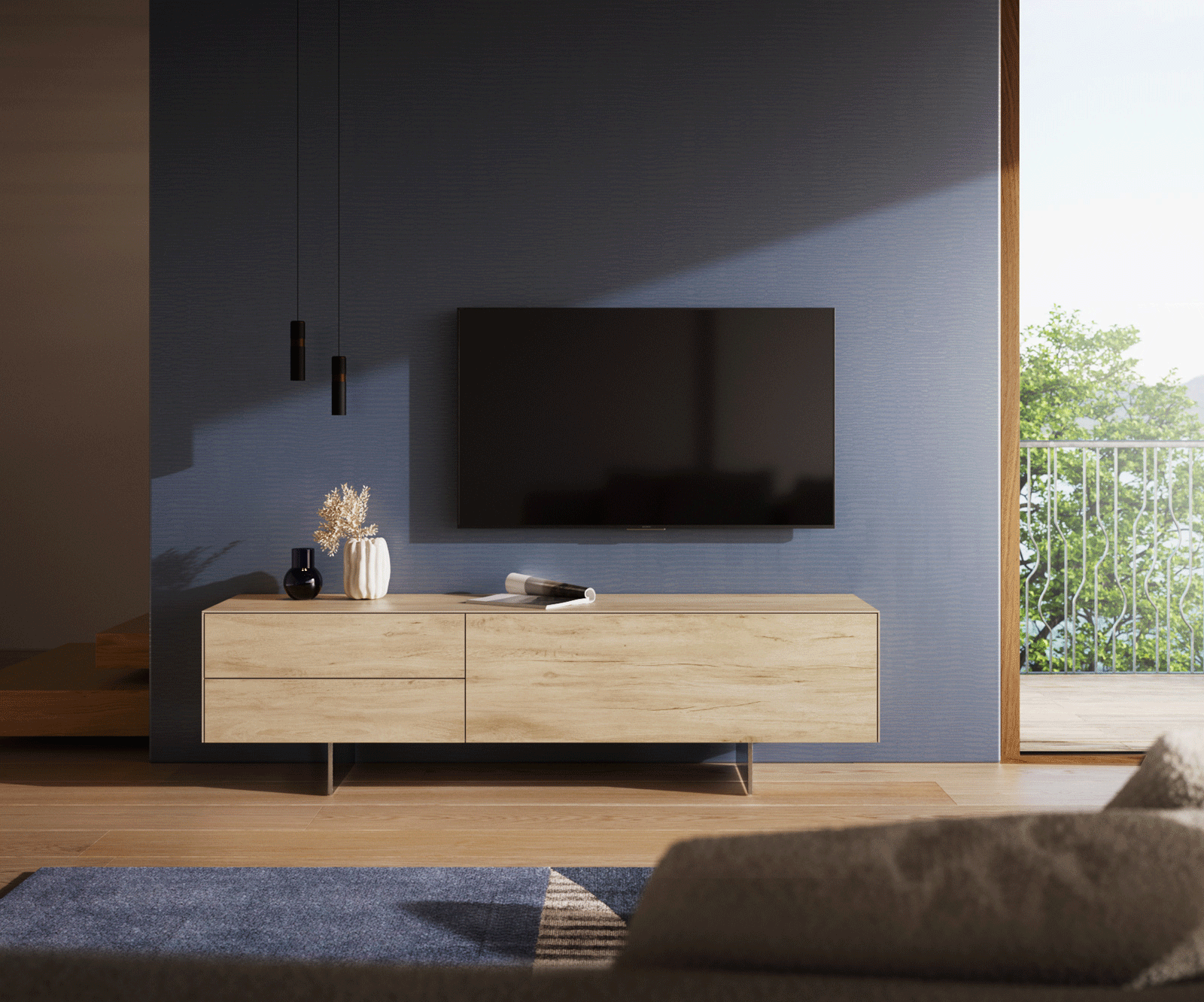 Tv-meubel Cuor 180 cm Keramiek Laminam® Sabbia Eiken gekleurd 1 Flap 2 Laden Zwevende voet look Roestvrij staal 2