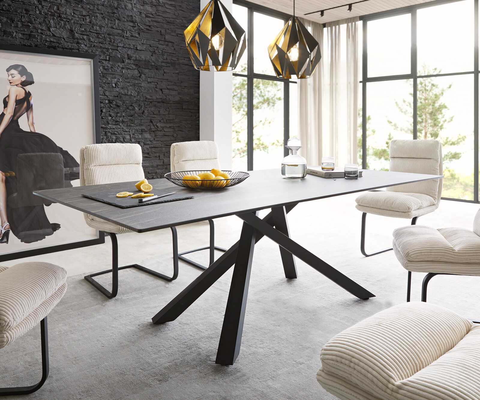 Eettafel Edge 200x100cm Laminam® keramiek bruin middenpoot kruis zwart