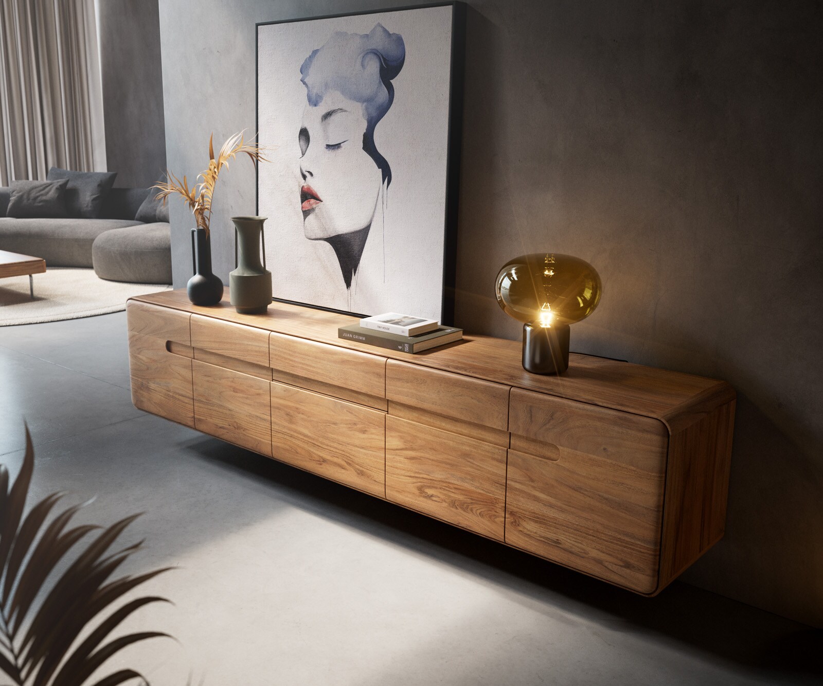 Tv-meubel Anaya 220 cm natuur acacia 4 deuren 2 laden Zwevend 2 Tv-meubel Anaya 220 cm natuur acacia 4 deuren 2 laden Zwevend 2