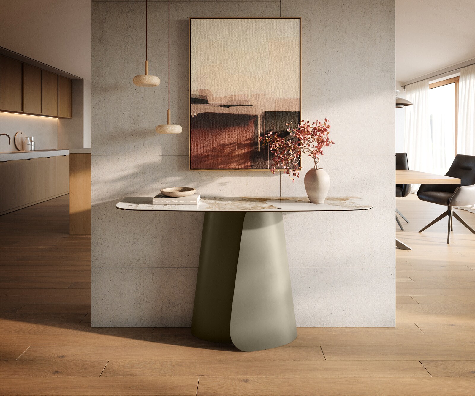 Consoletafel Edge Bootvorm 140x40 cm Keramiek Minas Melange Weiß-Beige Livos Metaal Effektfinish Titan 4