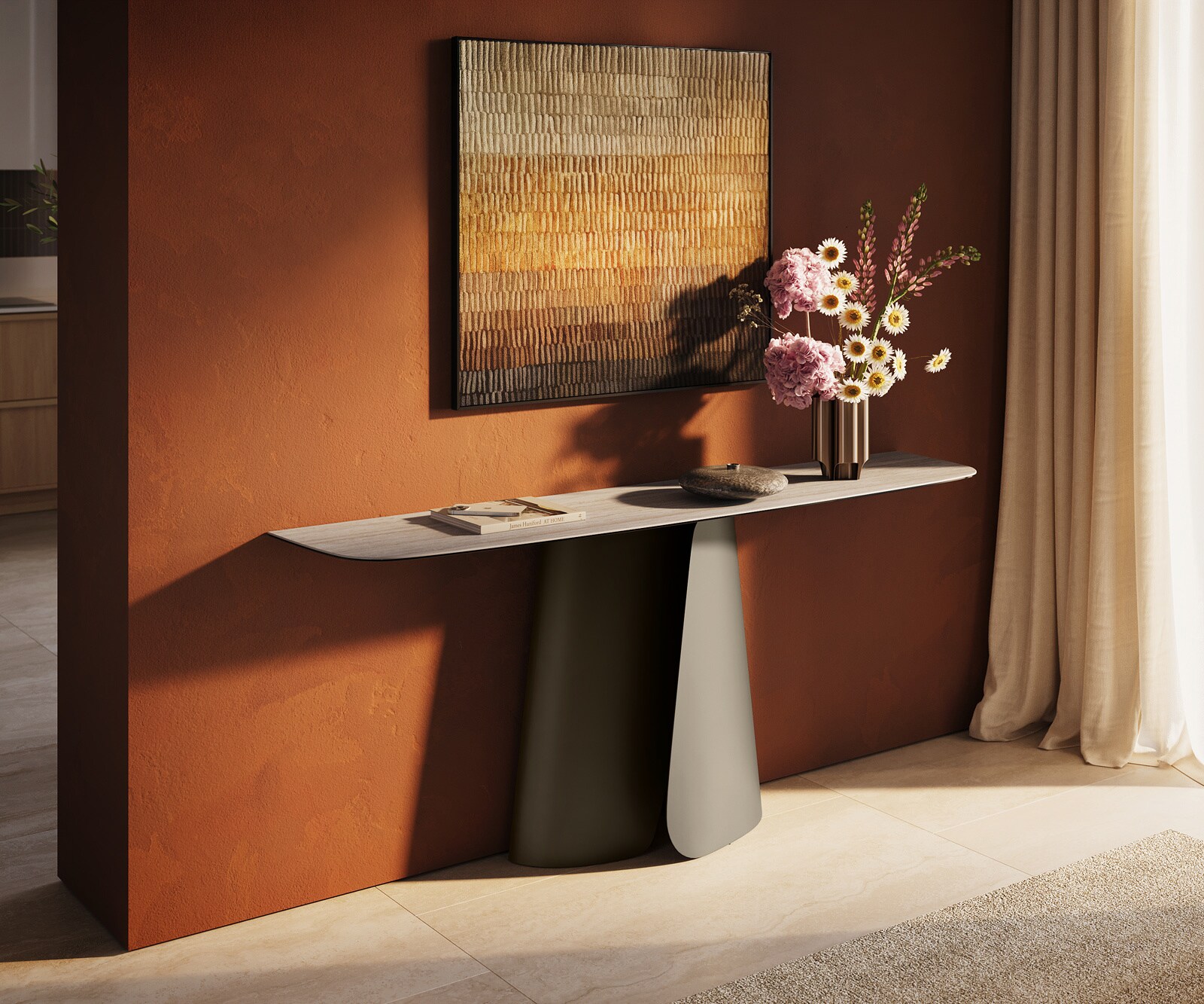 Consoletafel Edge Bootvorm 180x40 cm Keramiek Laminam® Travertino Bianco Creme-Weiß Livos Metaal Effektfinish Titan 2