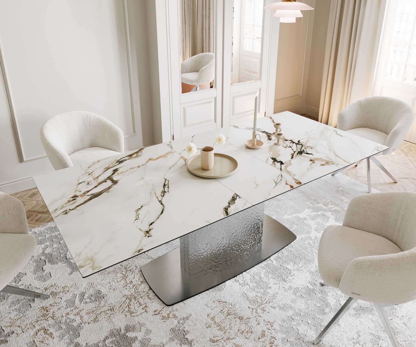 Eetkamertafel Edge 180-220x100 keramiek Calacatta Luxe wit-goud-grijs Wave RVS uitschuifbaar 6 Eetkamertafel Edge 180-220x100 keramiek Calacatta Luxe wit-goud-grijs Wave RVS uitschuifbaar 6