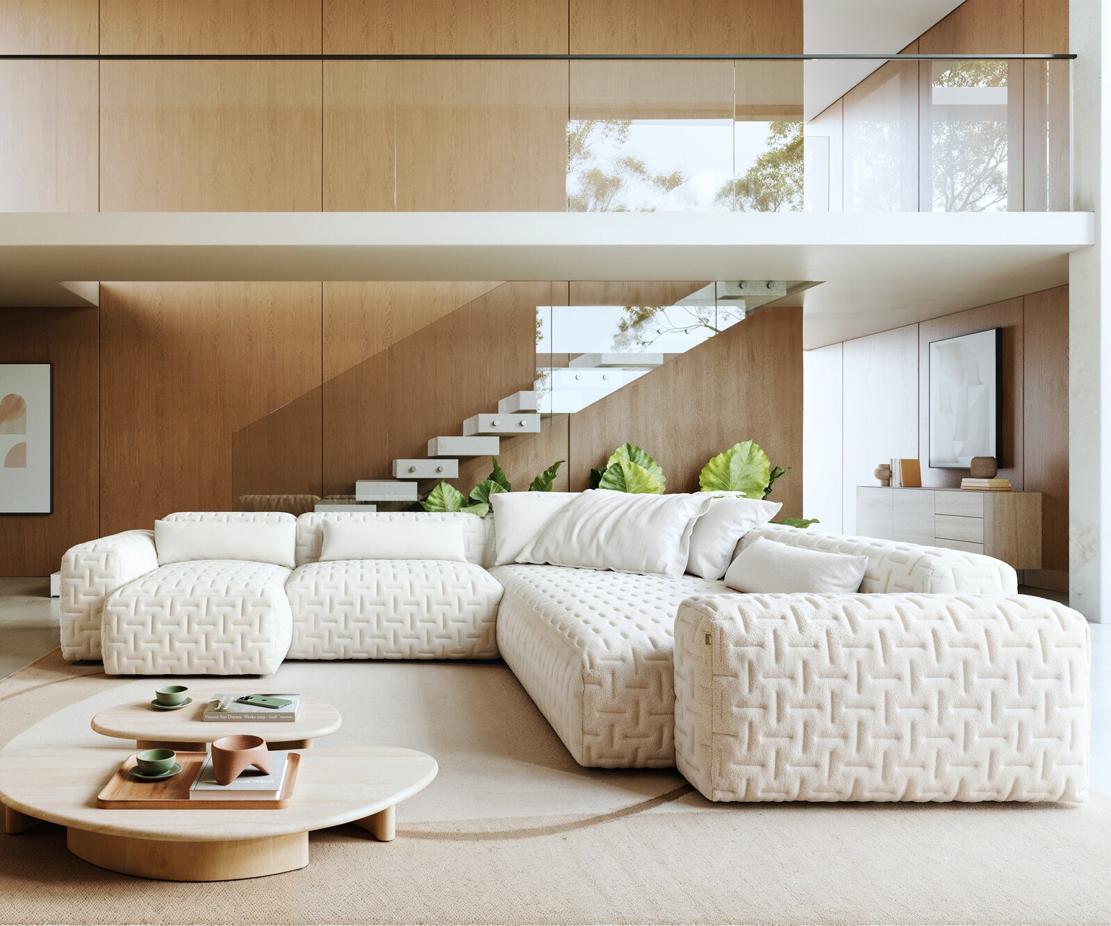 Woonkamer landschap Freestyle 360x290 cm Bouclé zacht Beige gestikt 1