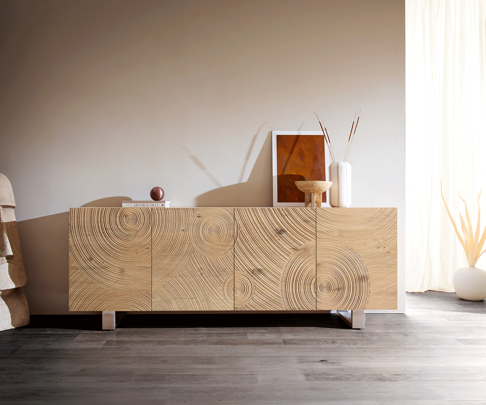 Dressoir Ashara 200 cm eiken natuur 3D-effect 4 deuren glijvoeten geborsteld RVS 3