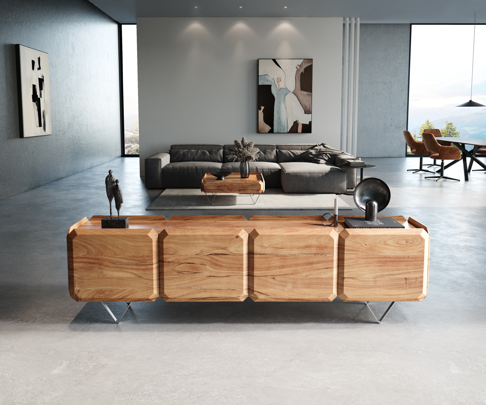 Lowboard Kiano 220 cm Acacia Natuur 4 Deuren V-voet Edelstaal Roomdivider 2 Lowboard Kiano 220 cm Acacia Natuur 4 Deuren V-voet Edelstaal Roomdivider 2