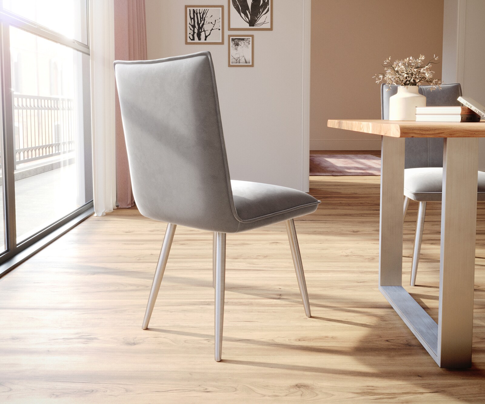 Eetkamerstoel Lelio-Flex fluweel grijs 4-poot conisch roestvrij staal pocketveer kern 4 Eetkamerstoel Lelio-Flex fluweel grijs 4-poot conisch roestvrij staal pocketveer kern 4