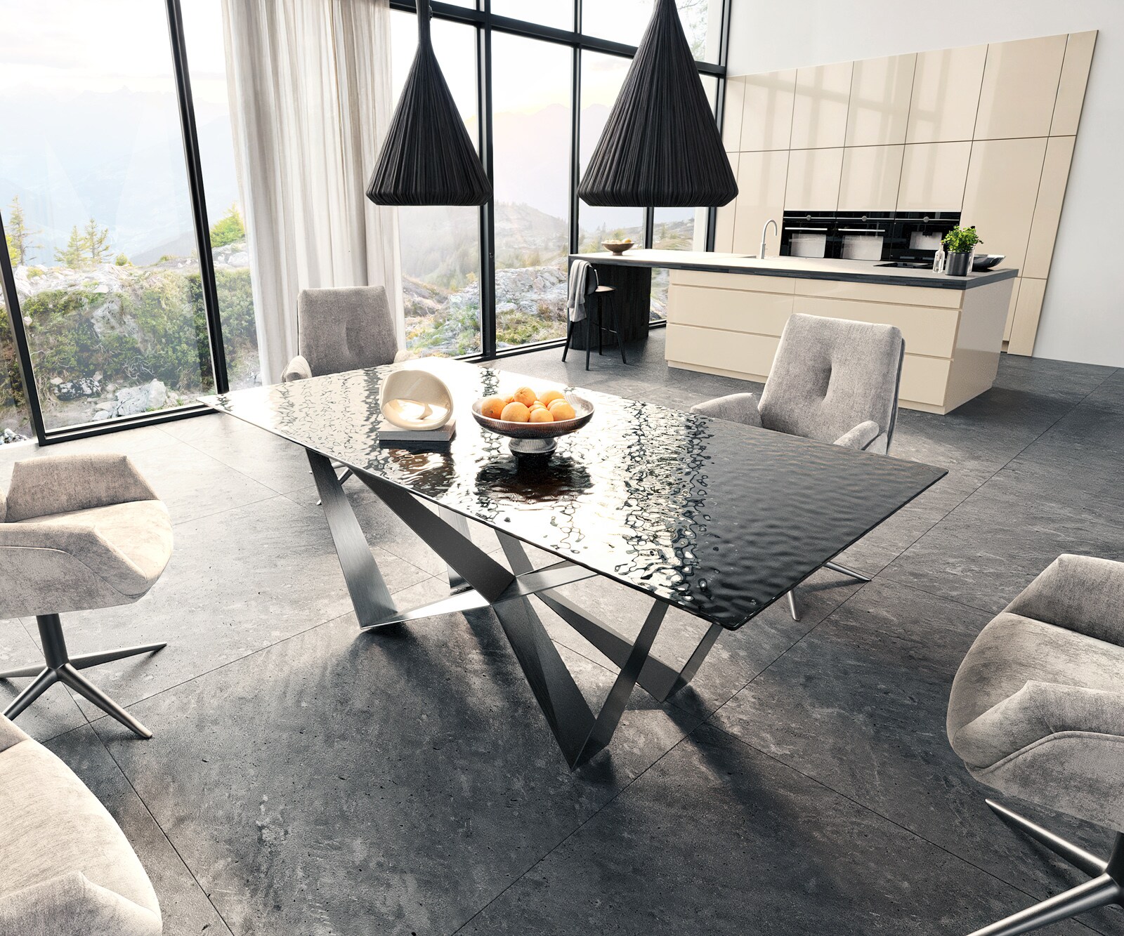 Eetkamertafel Edge 200x100 Glas smelten rokerig zwart 3D-Relief spider vlak staal RVS