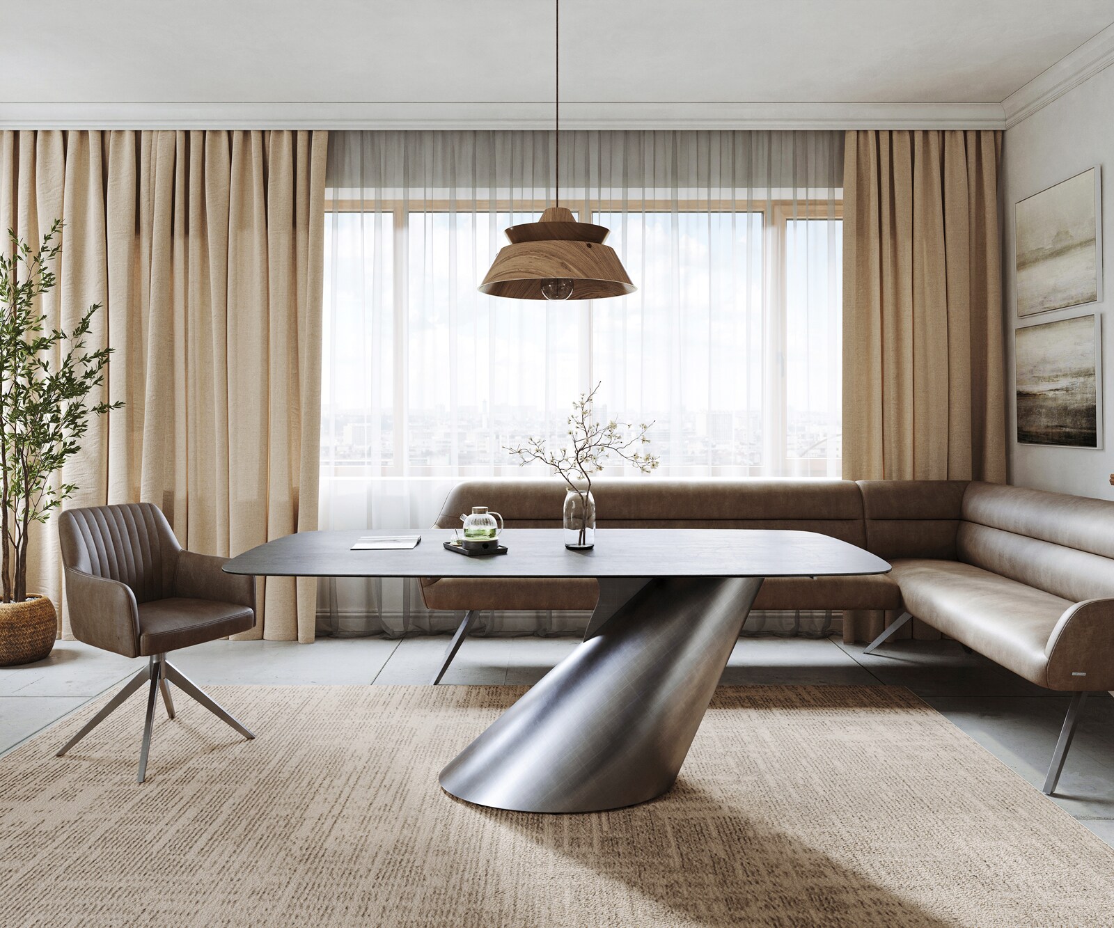 Eettafel Edge boot 200x100 cm keramiek beton grijs Cono metallic zilver 1