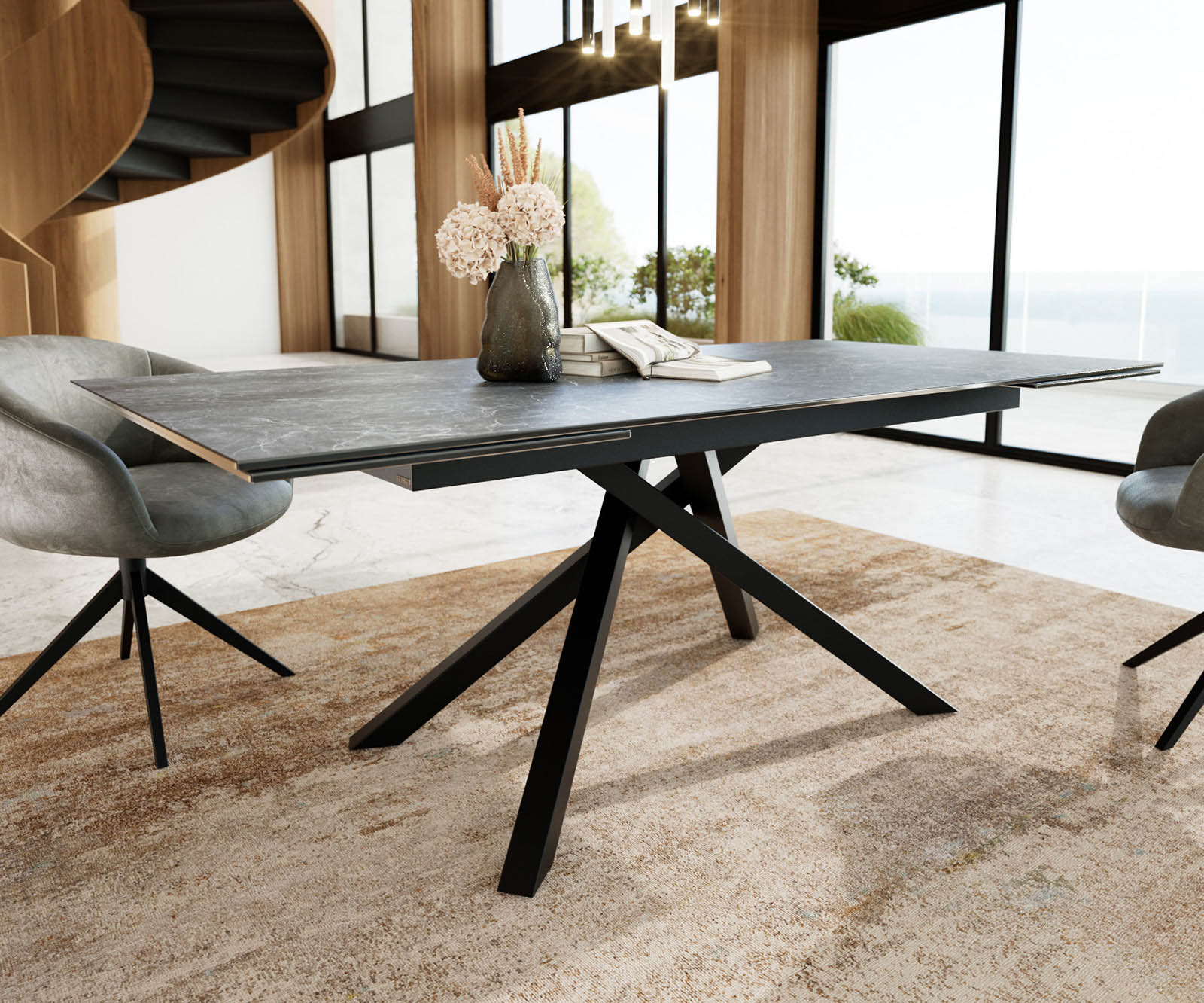 Eetkamertafel Edge 200-300x100 keramiek Laminam®Nero Greco grijs kruisframe rechthoek zwart uitschuifbaar 5