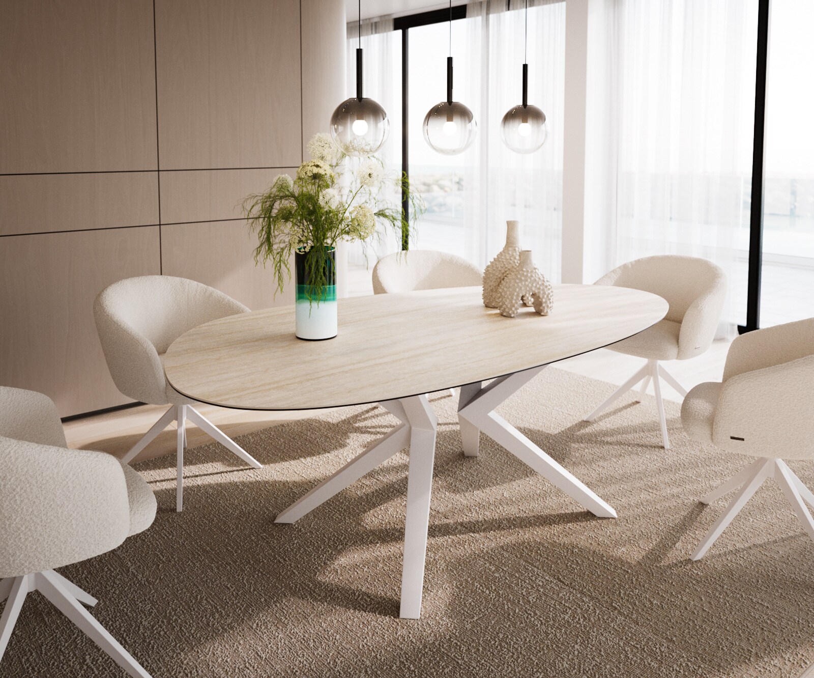 Eetkamertafel Edge ovaal 220x120 keramiek Laminam®Travertino Bianco Creme-wit​ Zenthara hoekig metaal wit
