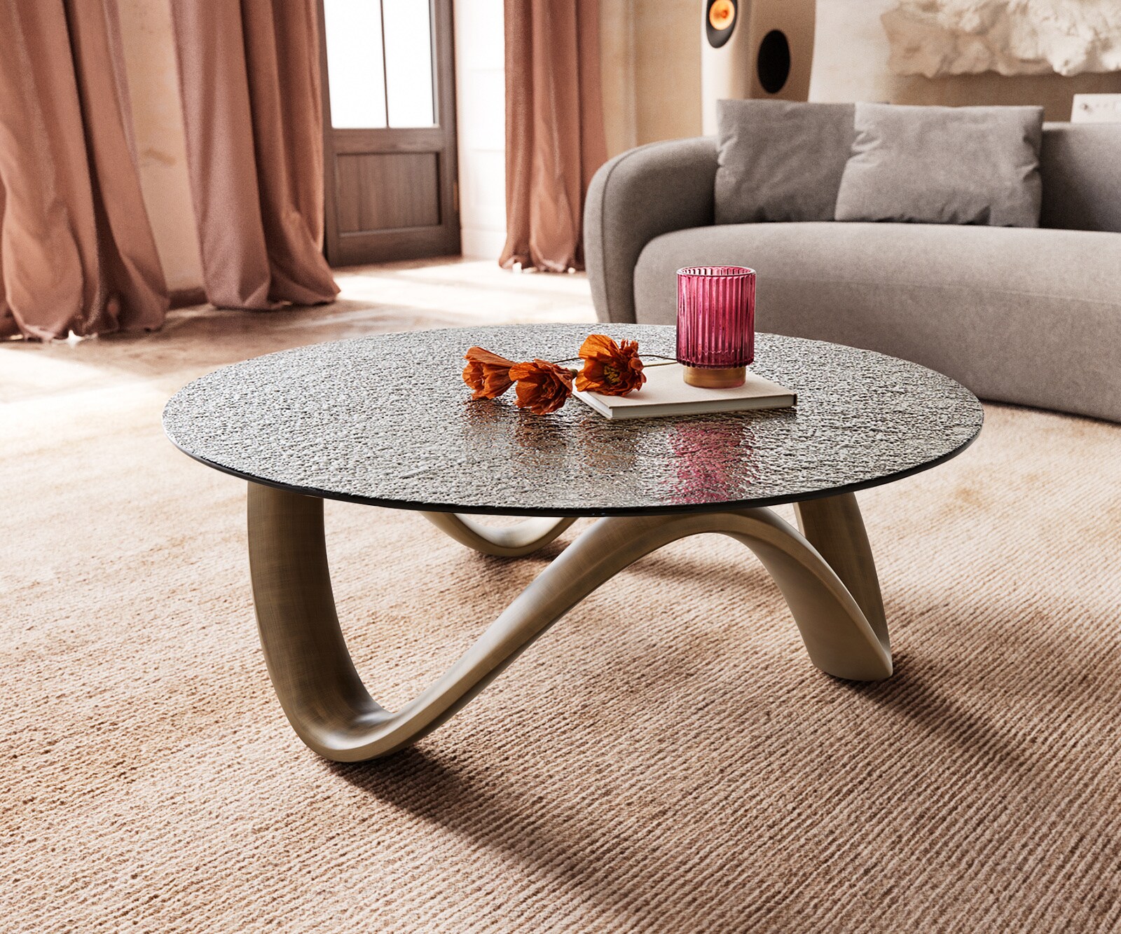 Table basse Tanju 90x90 cm métallique avec verre en relief