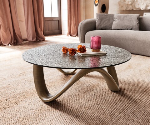Salontafel Tanju 90x90 cm goud metallic met reliëfglas taupe