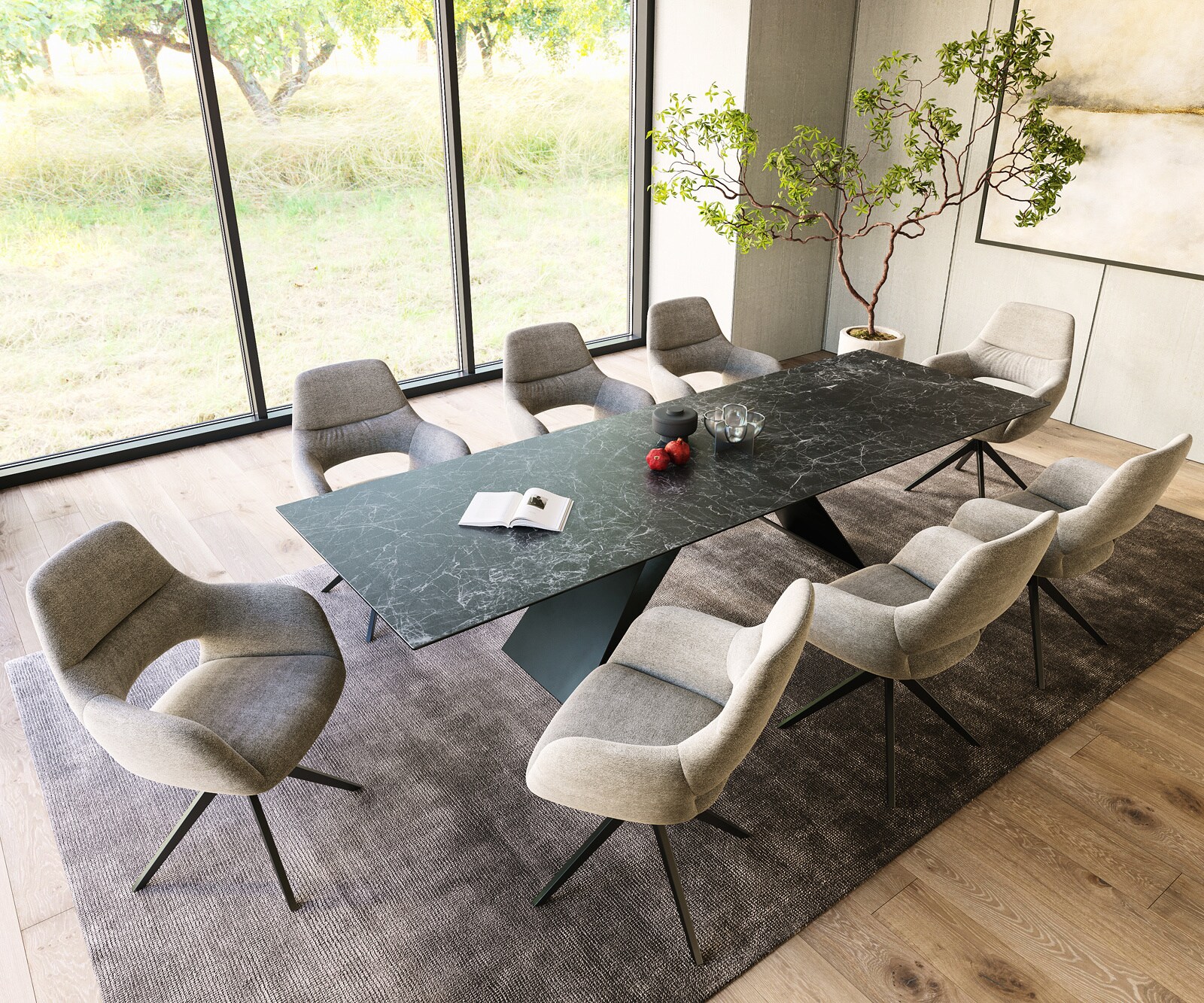 Eettafel Edge 300x100cm Laminam® keramiek grijs V-middenpoot zwart 5