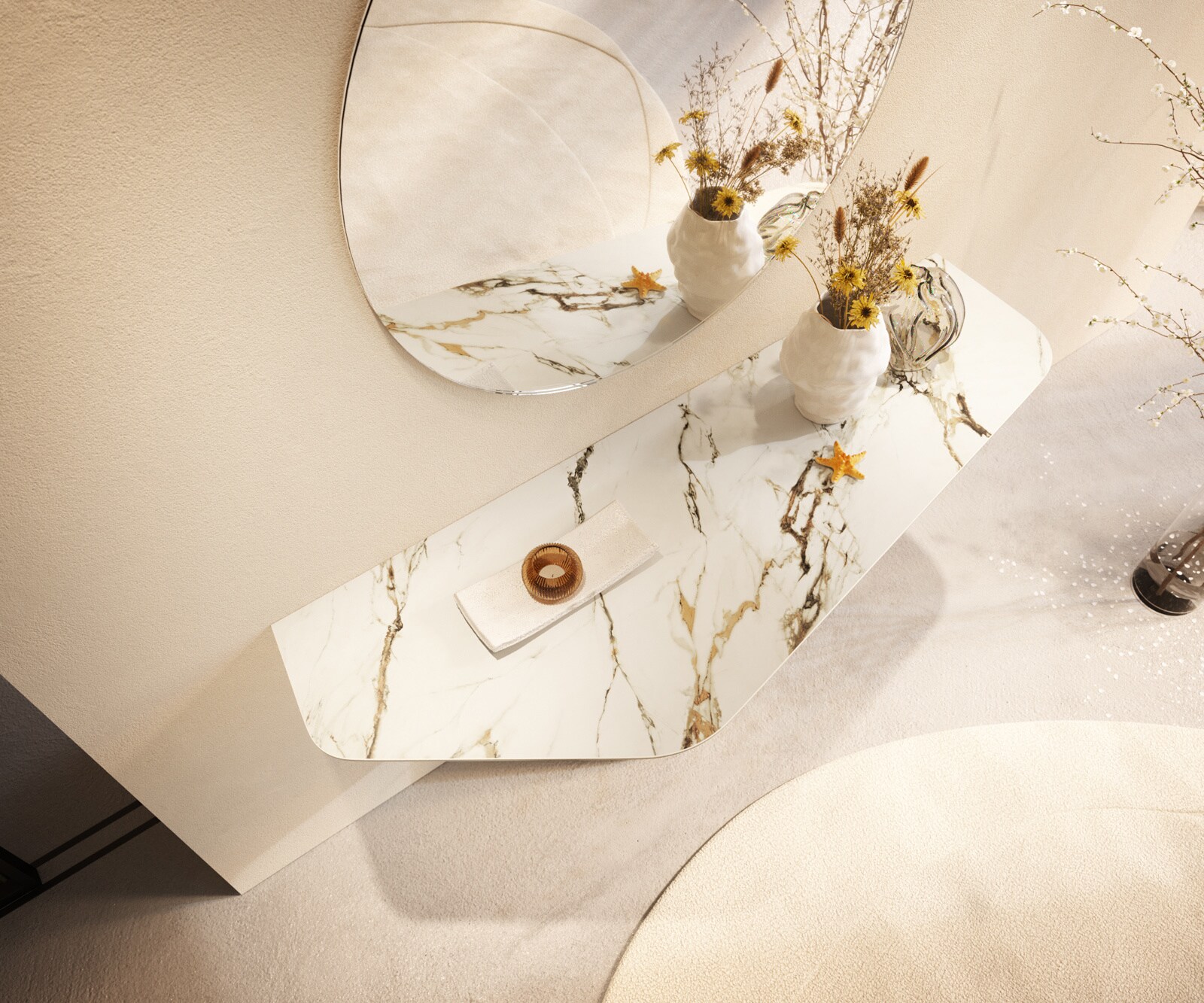 Consoletafel Edge Polygonaal 140x50 cm Keramiek Calacatta Luxe Weiß-Gold-Grijs Livos Metaal Effektfinish Titan 1