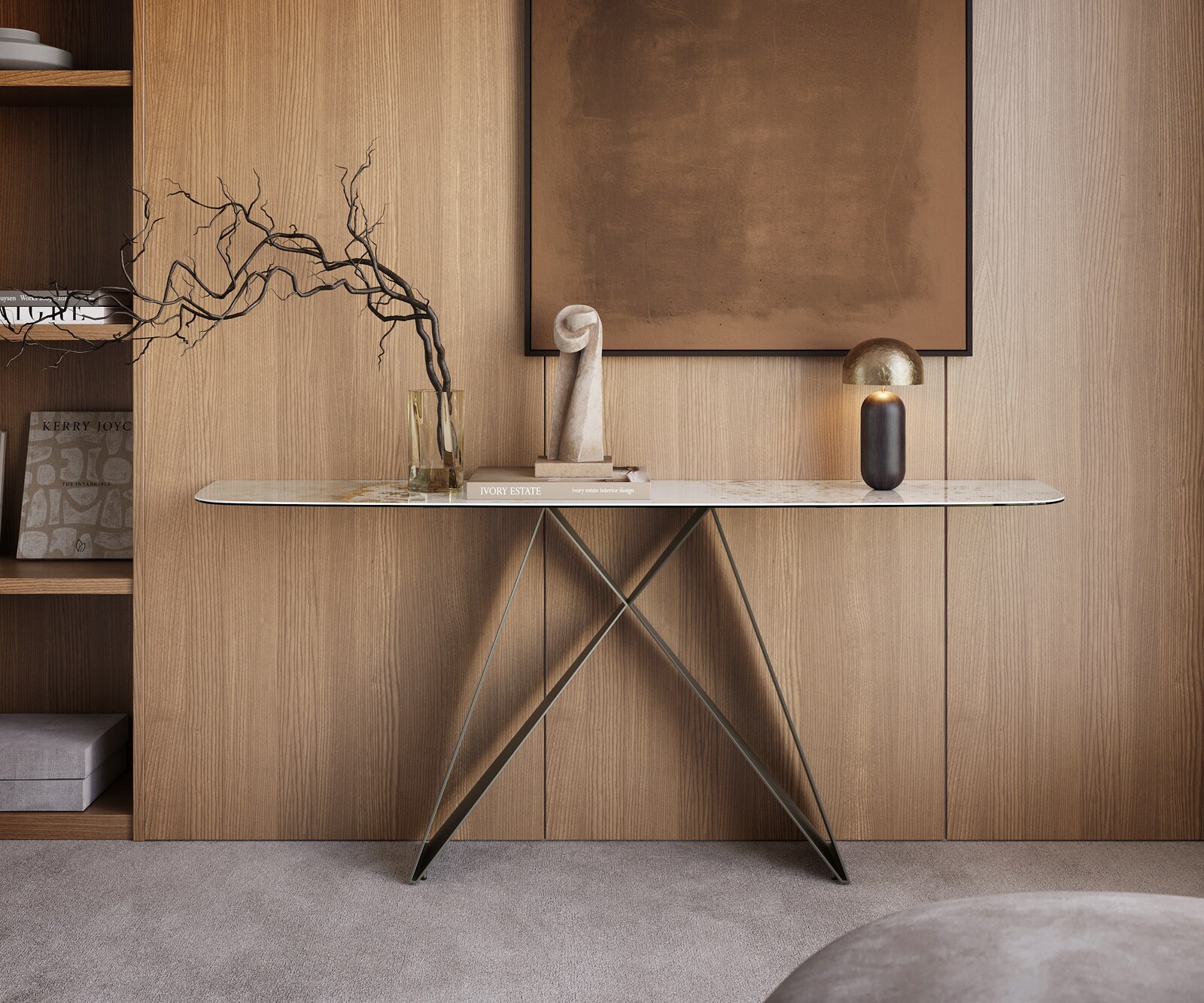 Consoletafel Edge Bootvorm 180x40 cm Keramiek Minas Melange Weiß-Beige Velio Metaal Effektfinish Titan 1