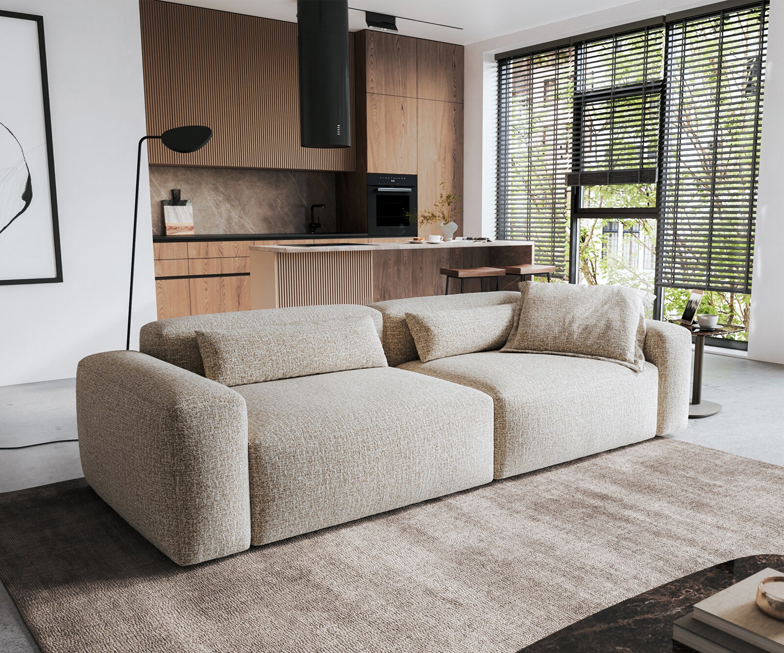 Bigsofa Freestyle 280x110 cm Zachte Geweven stof Beige kapnaad