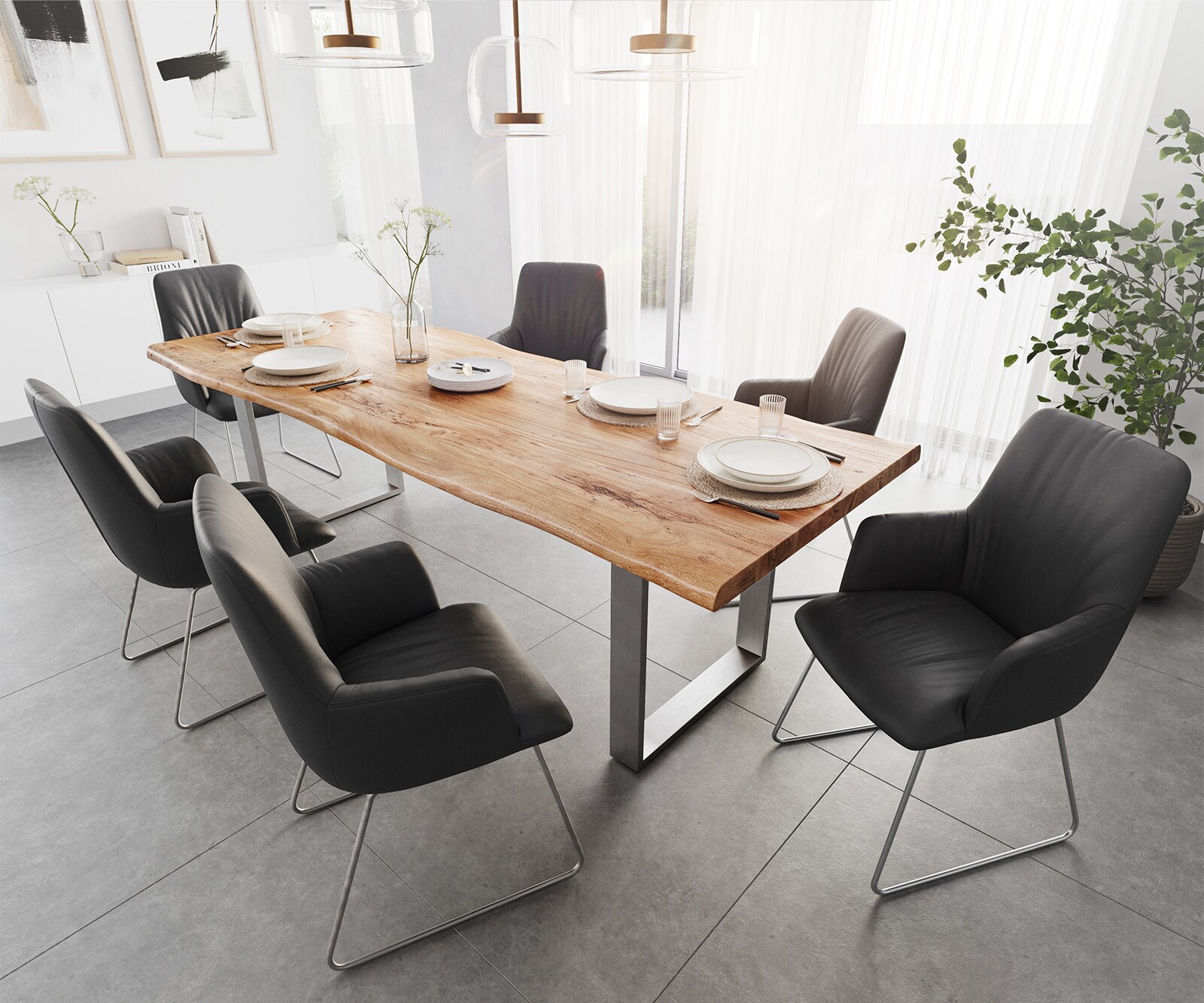 Eettafel Edge 260x100 XL acacia natuur roestvrijstaal smal Live-Edge 5 Eettafel Edge 260x100 XL acacia natuur roestvrijstaal smal Live-Edge 5