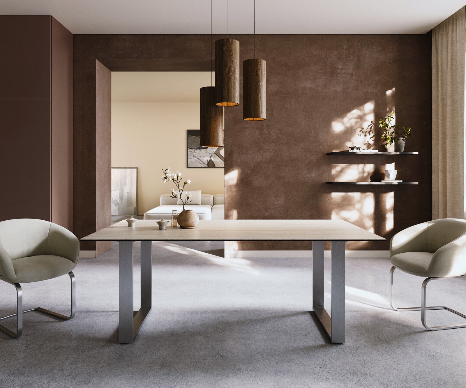 Eettafel Edge 200x100 keramiek  Laminam® Travertino Bianco Creme-wit RVS Schmal