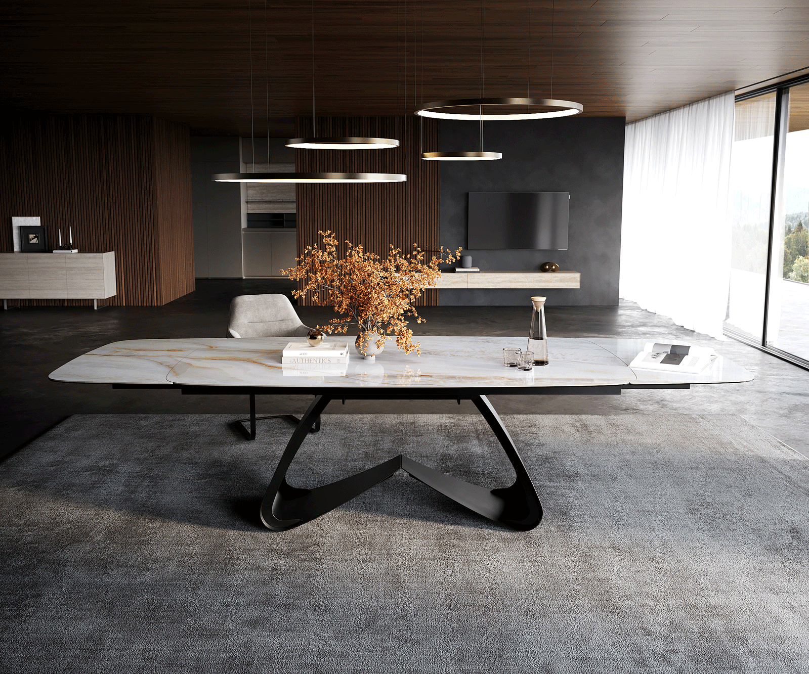 Eettafel Edge Boot 200-300x120 cm Keramiek Onyx Pearl W-onderstel Metaal Zwart uitschuifbaar 2
