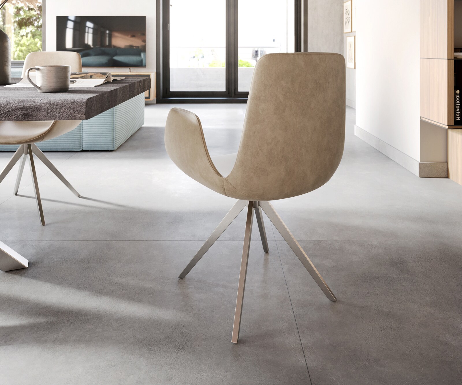 Eetkamerstoel Ilia-Flex met armleuning microvelours beige vintage kruisframe hoekig roestvrij staal 4 Eetkamerstoel Ilia-Flex met armleuning microvelours beige vintage kruisframe hoekig roestvrij staal 4