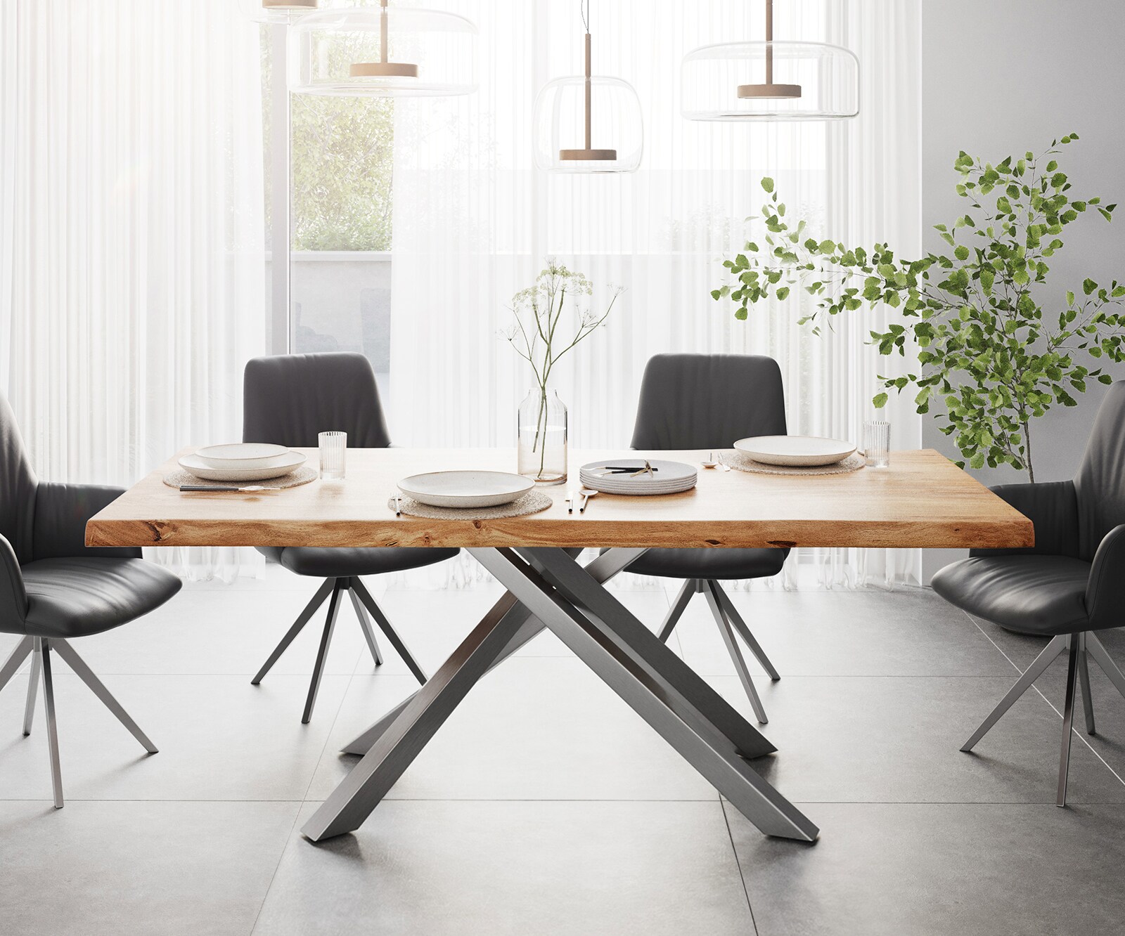 Eettafel Edge 200x100 XL acacia natuur Kreuzframe rechthoek edelstaal Live-Edge 1