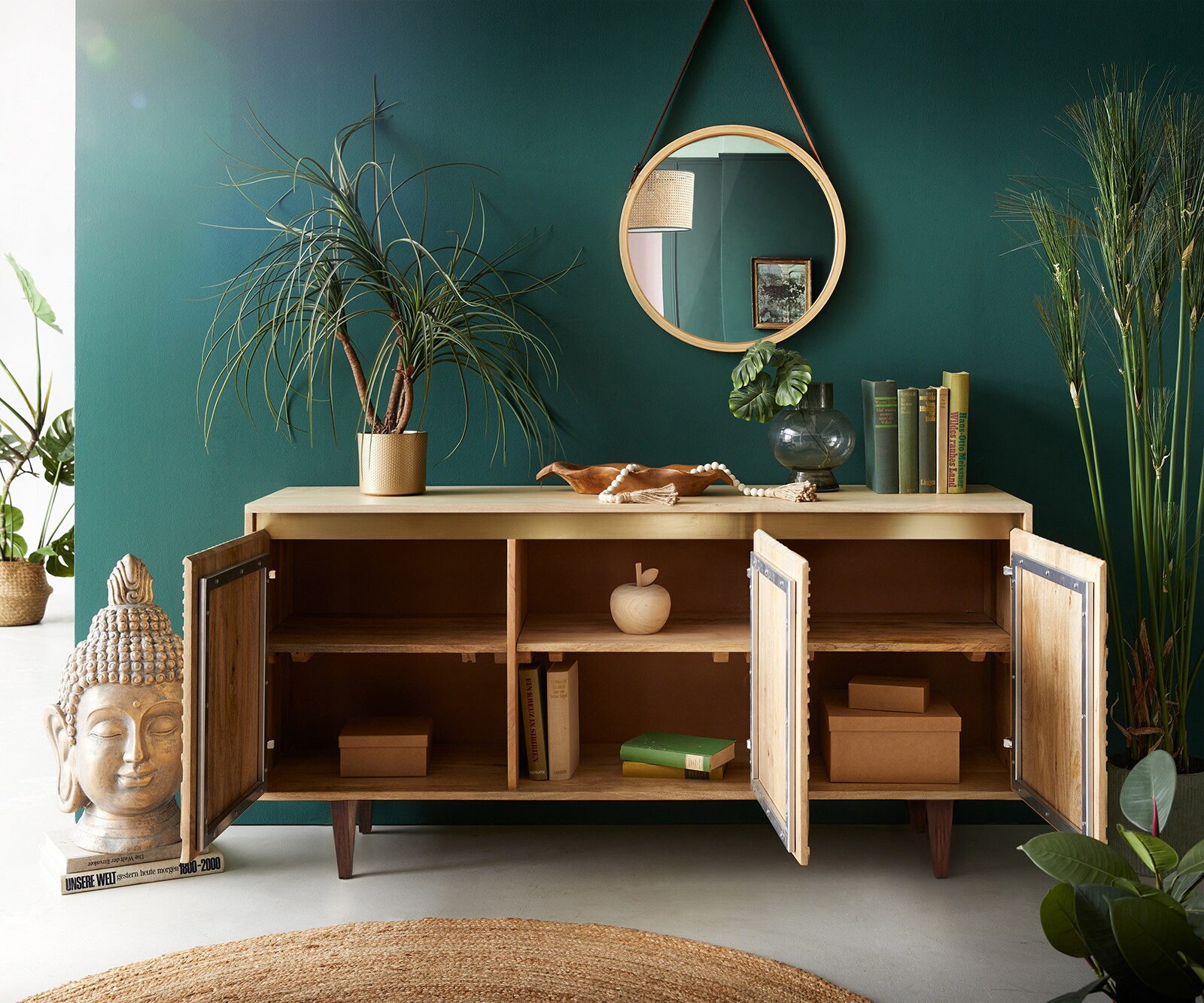 Commode Budaya 150 cm mangohout natuur 3 deuren, vierkante pooten 5