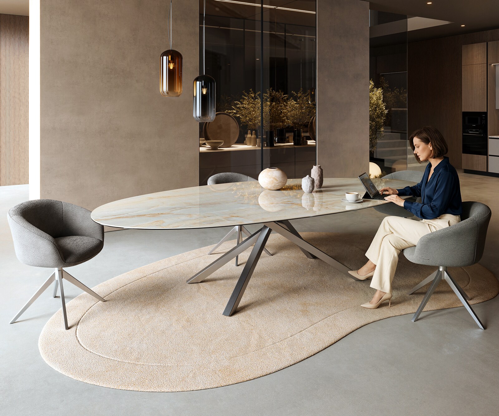 Eetkamertafel Edge Oval 315x150 cm Keramiek Iris FMG Onice Oro kruisonderstel Rechthoek Roestvrij staal 7