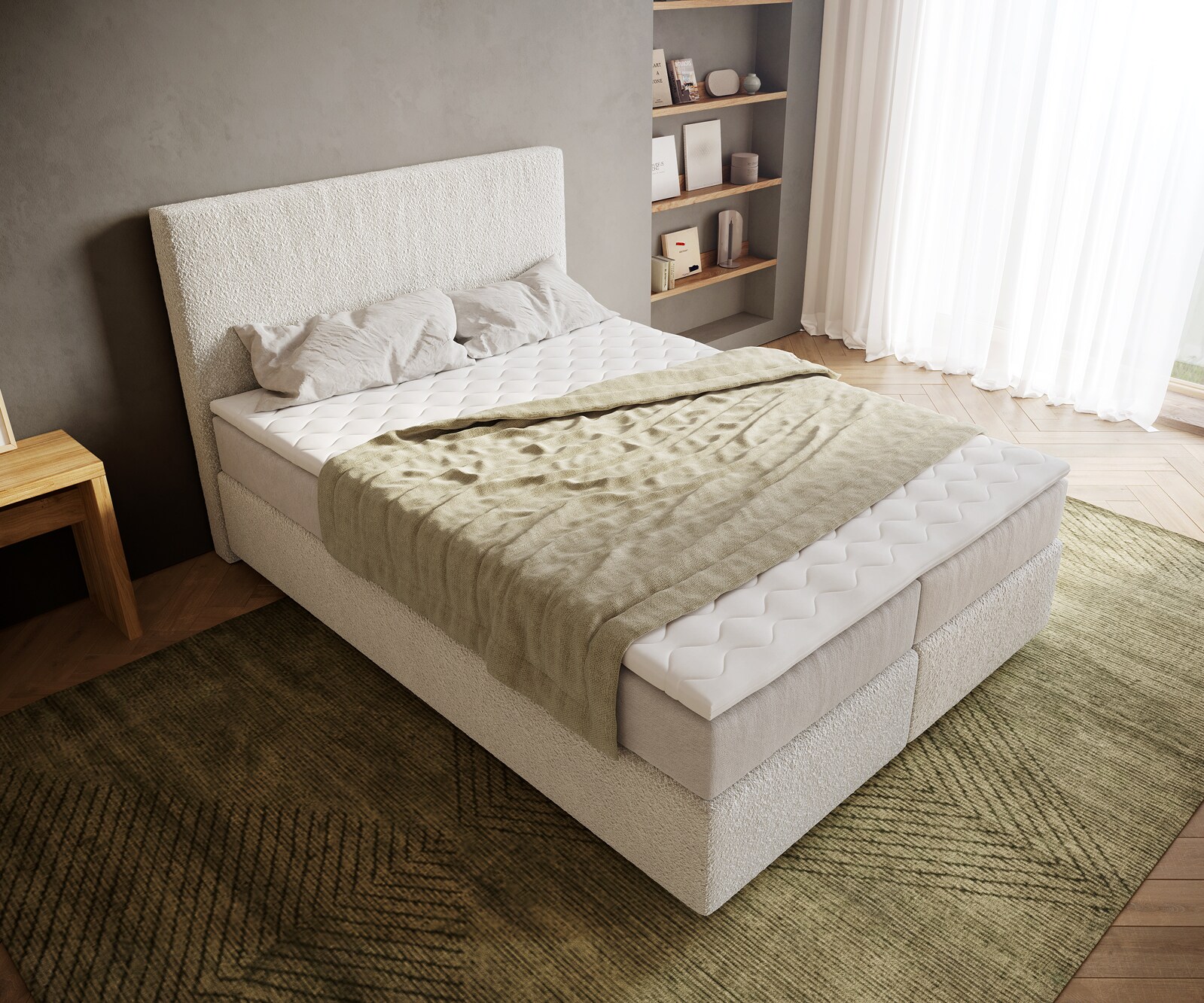 Boxspringbed Dream-Well 140x200 cm Bouclé Crème-Wit met Pocketveringmatras en Topper Visco 3 Boxspringbed Dream-Well 140x200 cm Bouclé Crème-Wit met Pocketveringmatras en Topper Visco 3
