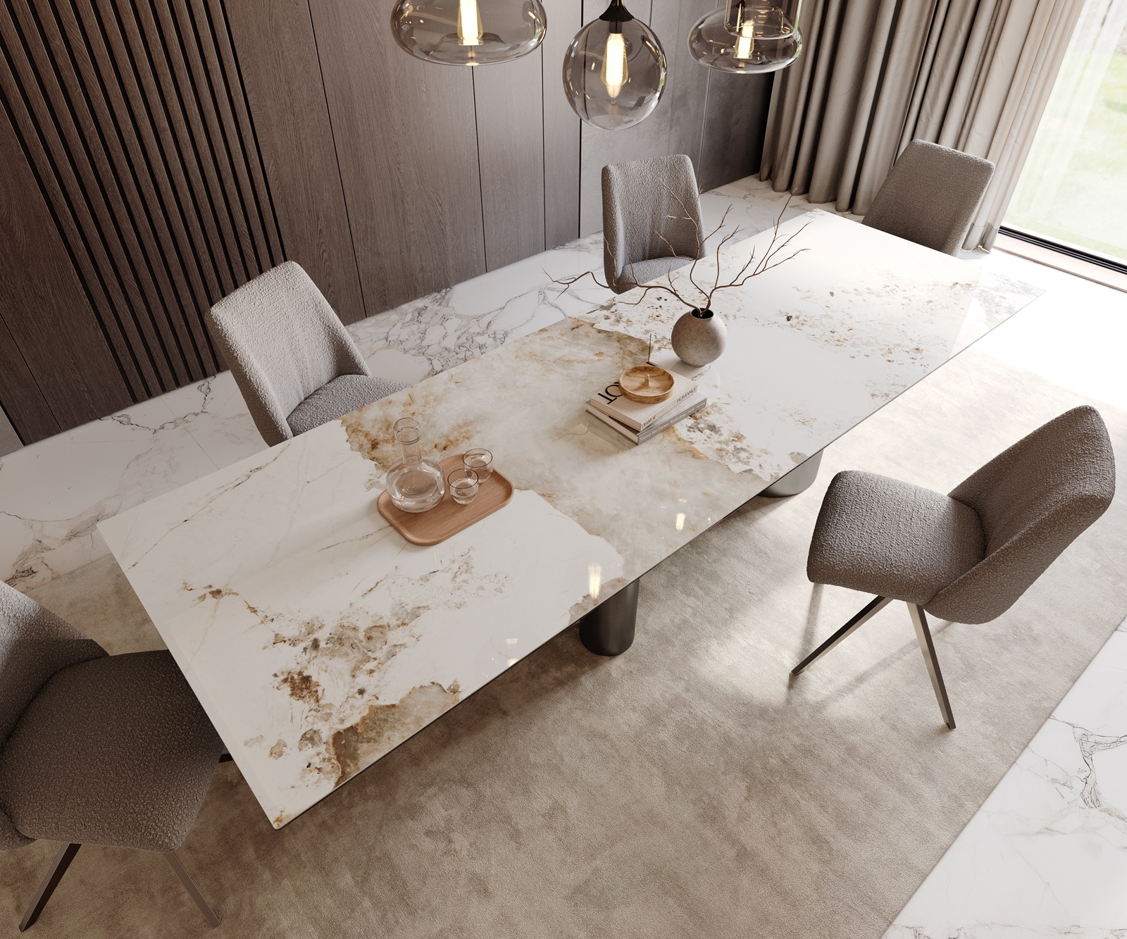 Eetkamertafel Edge 300x100 keramiek Minas Melange wit-Beige Troa roestvrij staal grafiet 3 Eetkamertafel Edge 300x100 keramiek Minas Melange wit-Beige Troa roestvrij staal grafiet 3