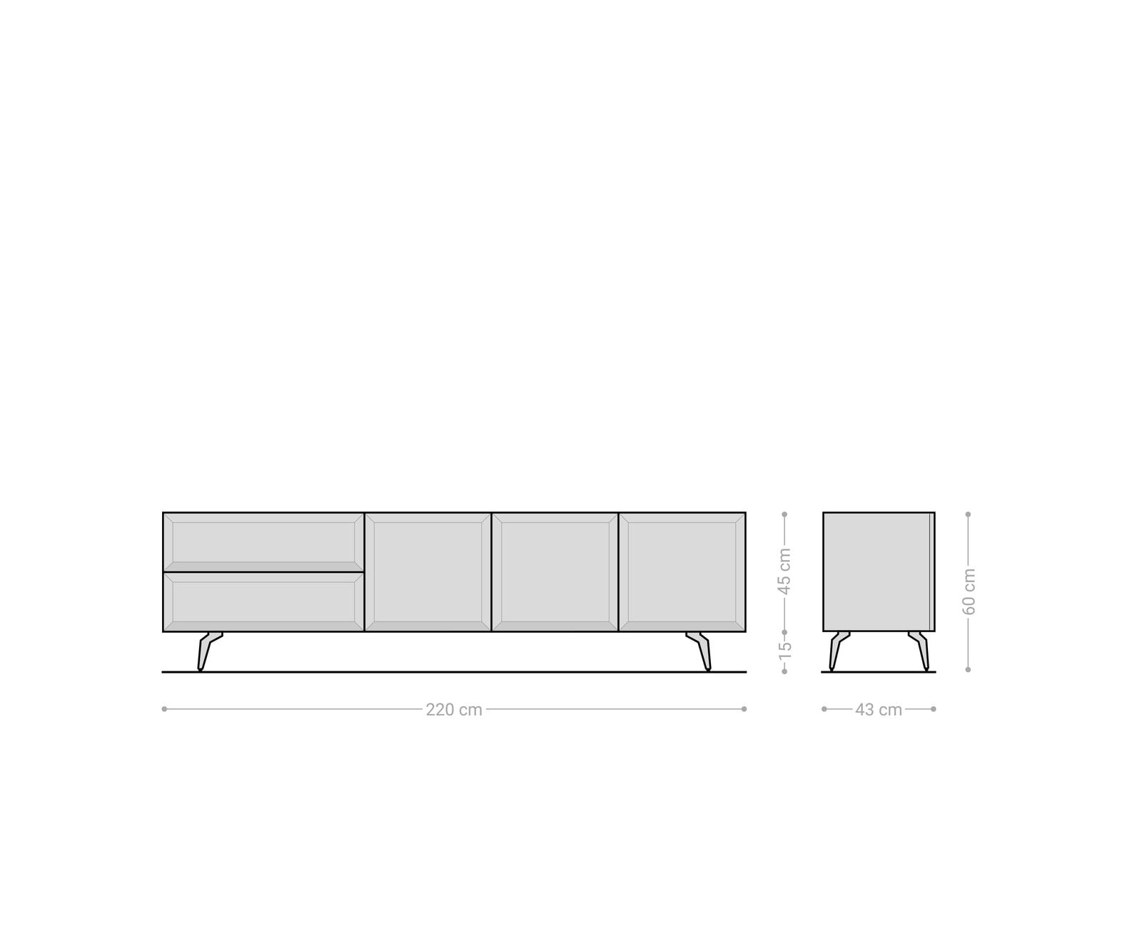 Tv-meubel Marellia 220 cm Grijs 3 deuren 2 laden Haakse poot Metaal zwart 6 Tv-meubel Marellia 220 cm Grijs 3 deuren 2 laden Haakse poot Metaal zwart 6