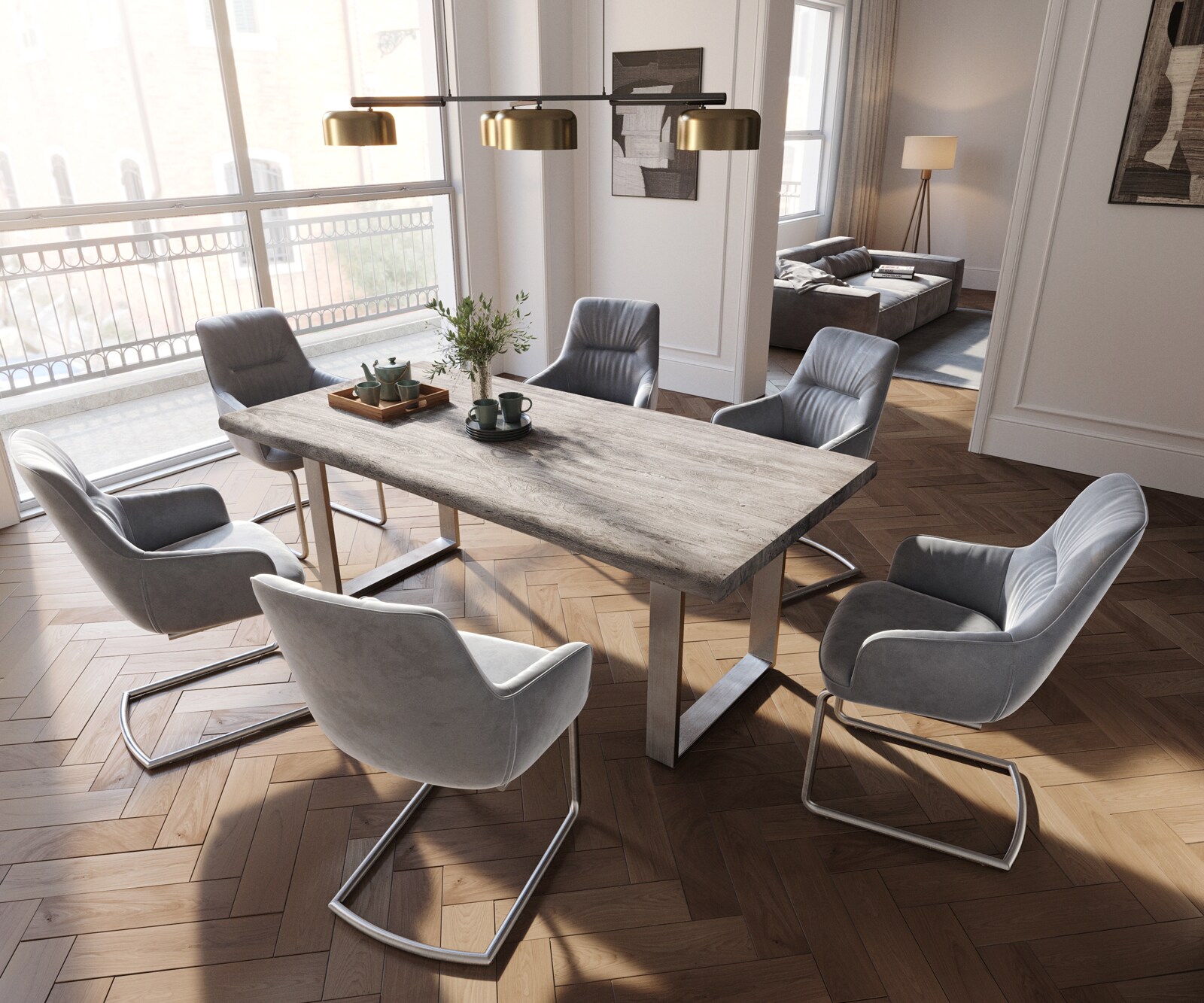 Sledemodel Zelia-Flex met armleuning fluweel grijs sledemodel rond roestvrij staal pocketveer kern 3 Sledemodel Zelia-Flex met armleuning fluweel grijs sledemodel rond roestvrij staal pocketveer kern 3
