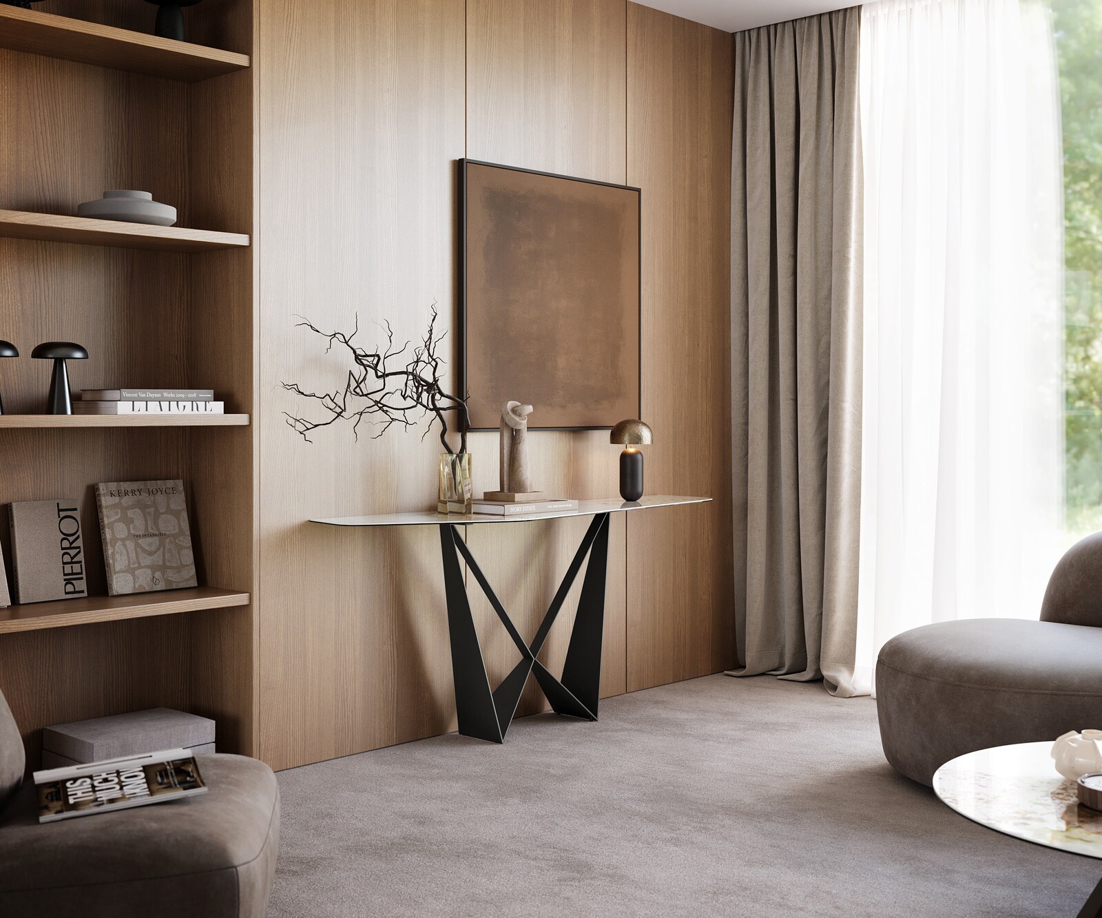 Consoletafel Edge Polygonaal 180x50 cm Keramiek Minas Melange Weiß-Beige Spios Metaal Zwart 7