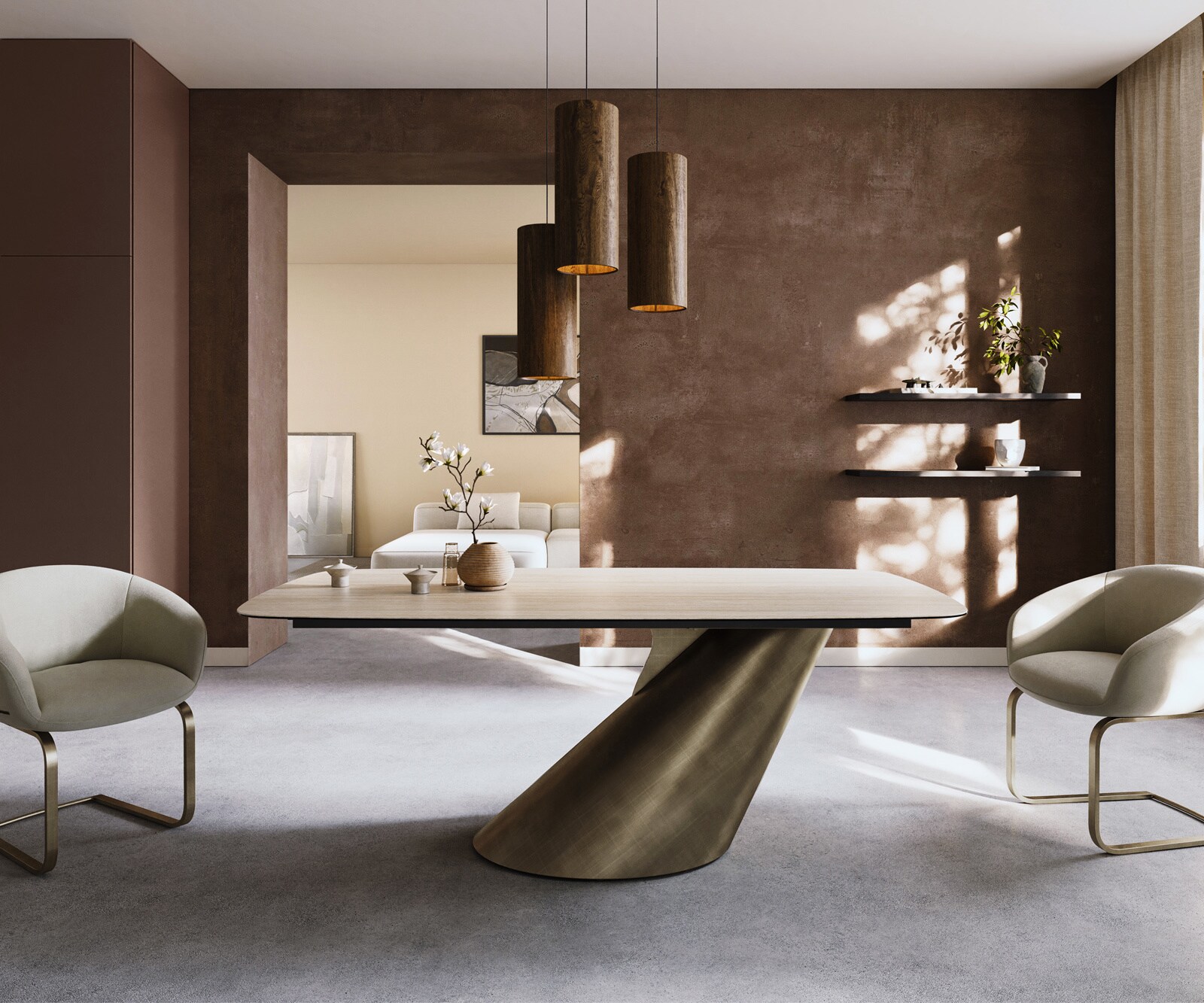 Eettafel Edge Boot 200x100 keramiek  Laminam® Travertino Bianco Creme-wit Cono metaal goud