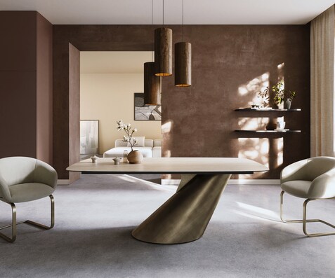 Eettafel Edge Boot 200x100 keramiek  Laminam® Travertino Bianco Creme-wit Cono metaal goud