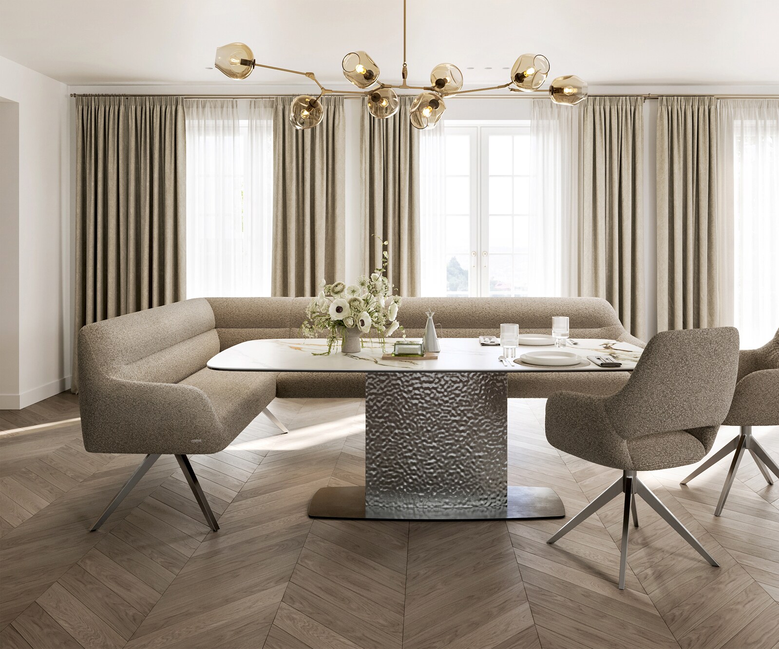 Eetkamerbank Taya-Flex 285x190 cm bouclé mud hoekig kruisframe roestvrij staal pocketvering rechts 2