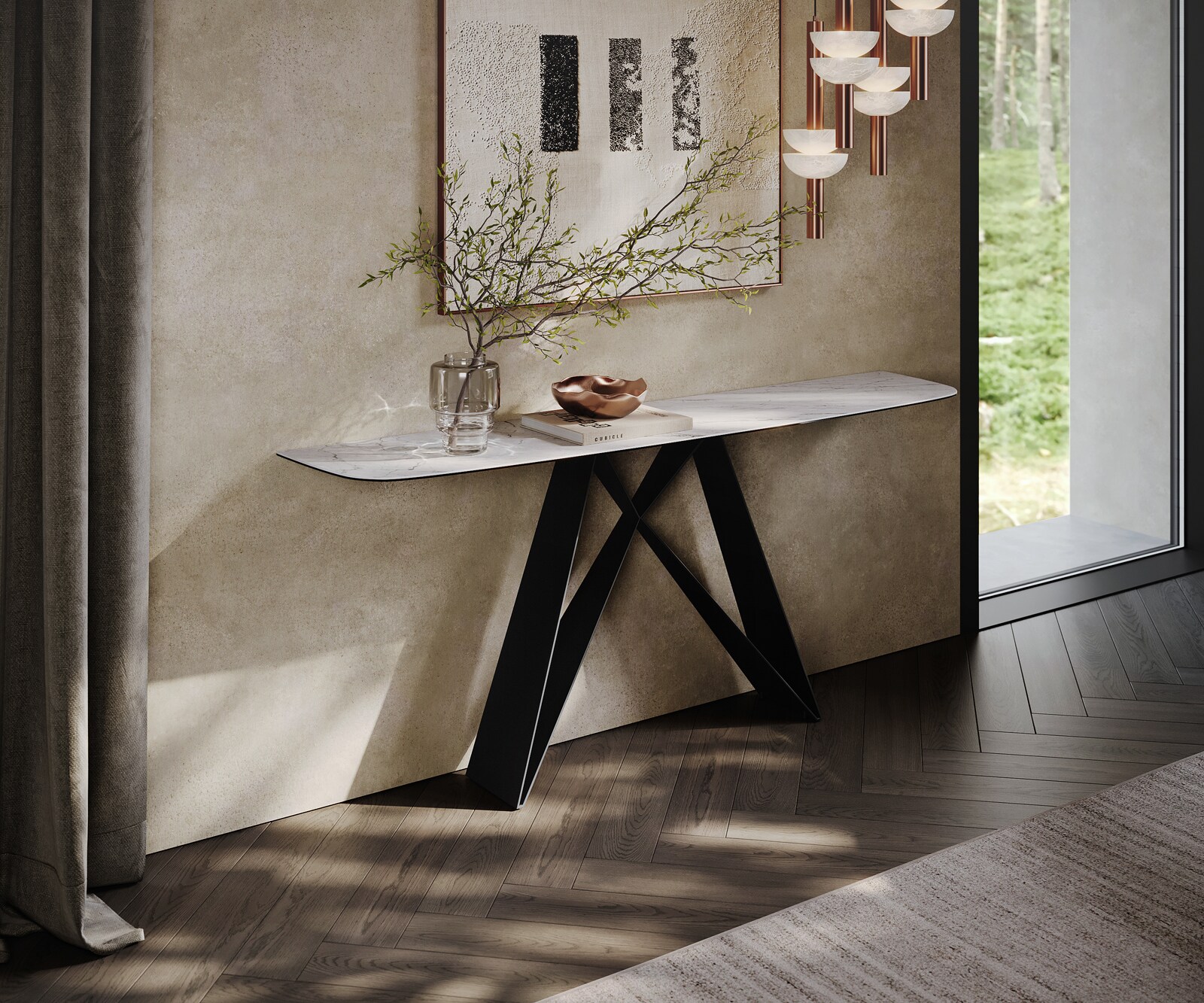 Consoletafel Edge Bootvorm 180x40 cm Keramiek Laminam® Statuarietto Weiß Velio Metaal Zwart 4