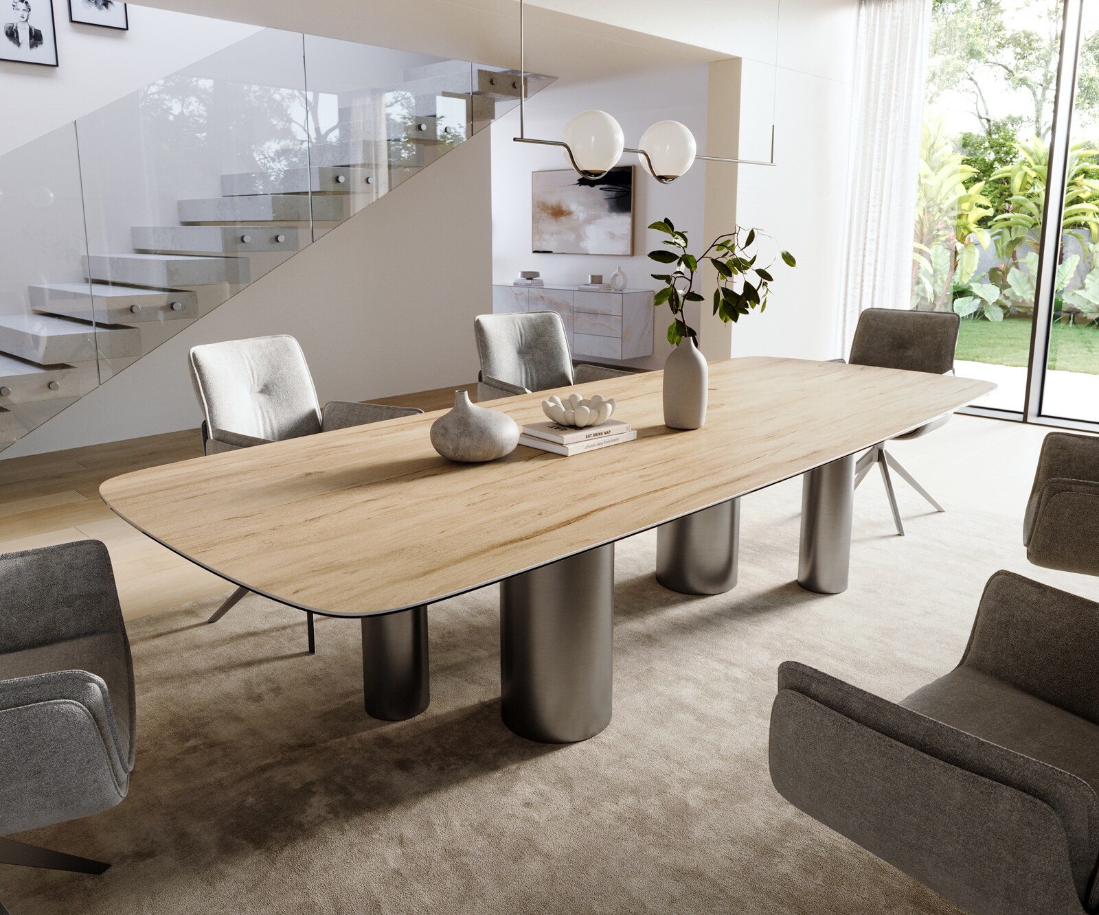 Eettafel Edge Boot 300x120 cm Keramiek Laminam® Sabbia Eichefarbig Pilier Roestvrij staal Grafiet 1