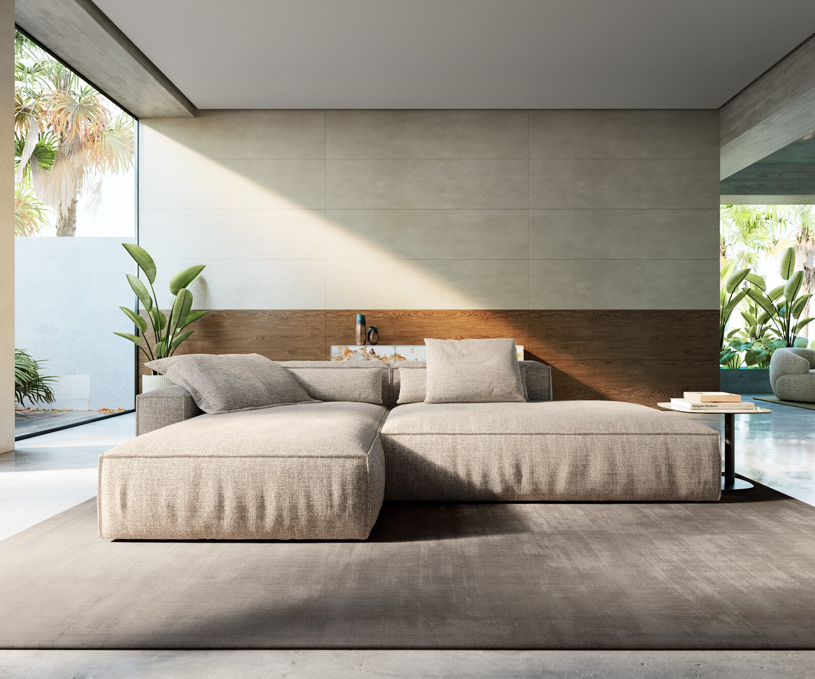 Hoekbank Freestyle 310x200 cm Zachte Geweven stof Beige kedernaad