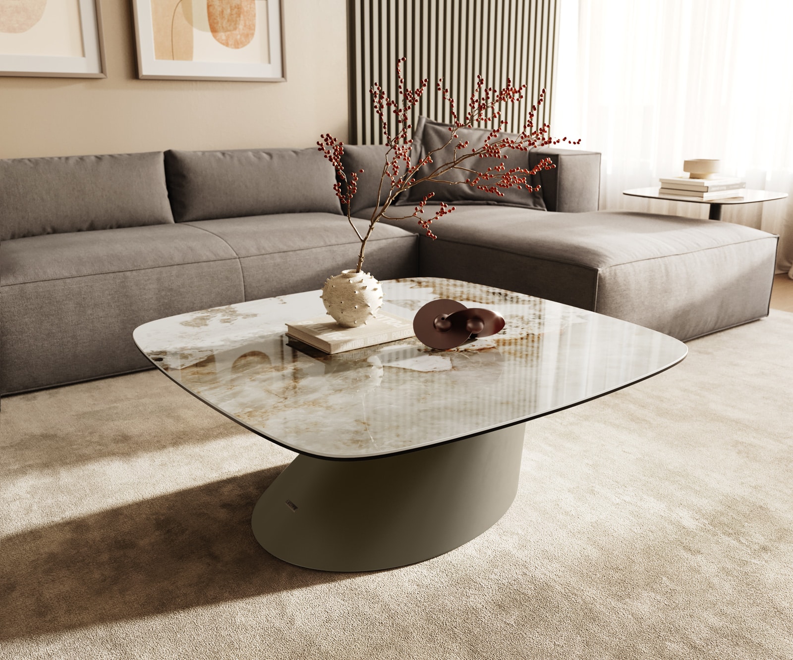Salontafel Edge Boot 90x90 cm keramiek Minas Melange Conis Metall effectafwerking titaan 1