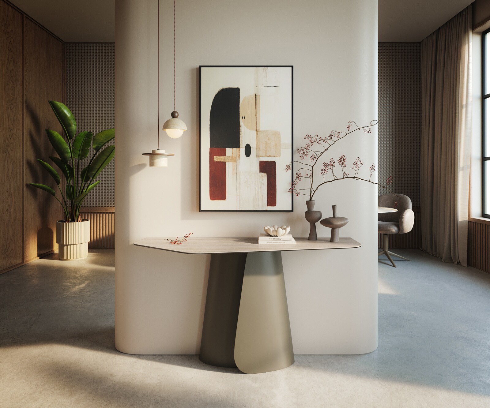 Consoletafel Edge Polygonaal 140x50 cm Keramiek Laminam® Travertino Bianco Creme-Weiß Livos Metaal Effektfinish Titan 4