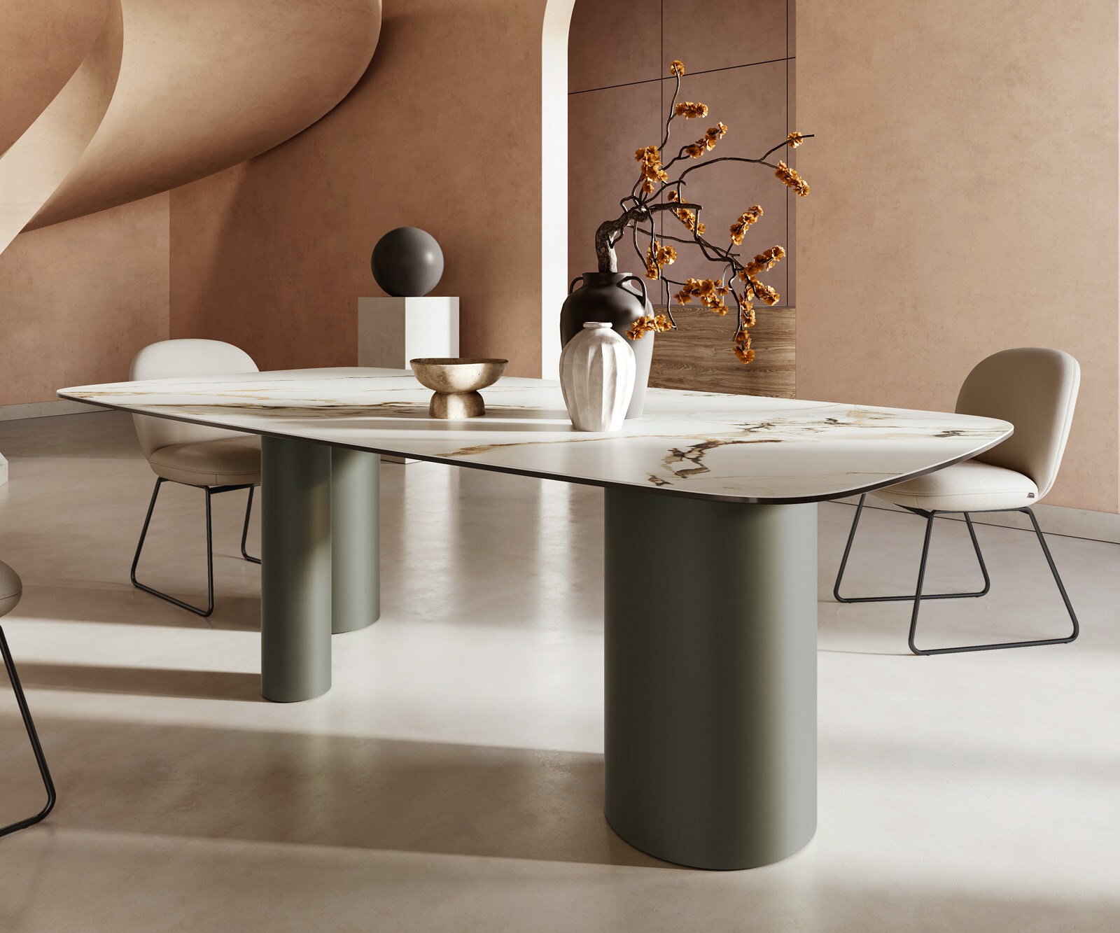 Eettafel Edge boot 240x120cm keramiek Calacatta Luxe wit-goud-grijs Troa metaal effect afwerking titanium 5