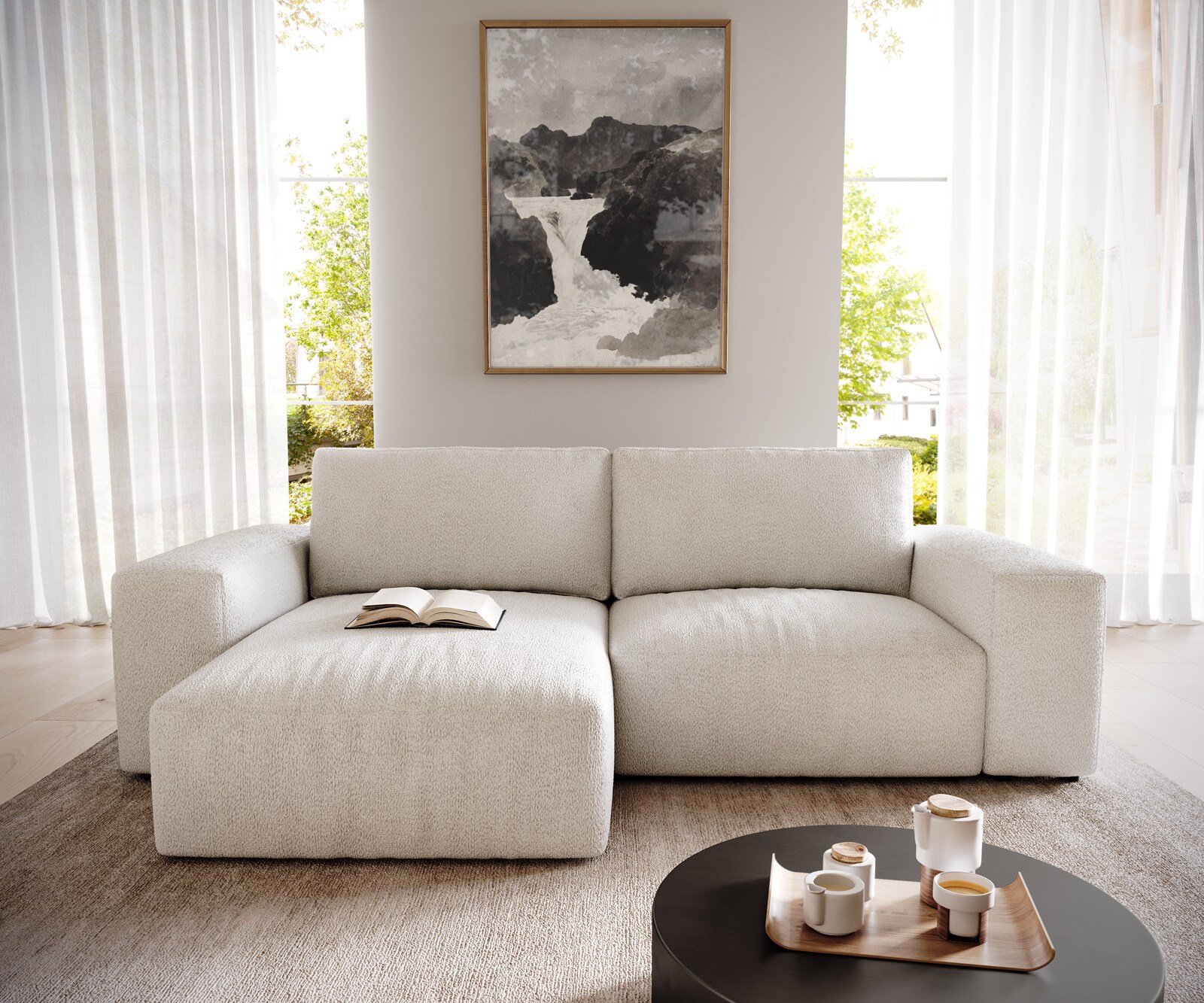 Hoeksofa Lanzo 230x155 cm bouclé crème-wit met variabele recamière 1