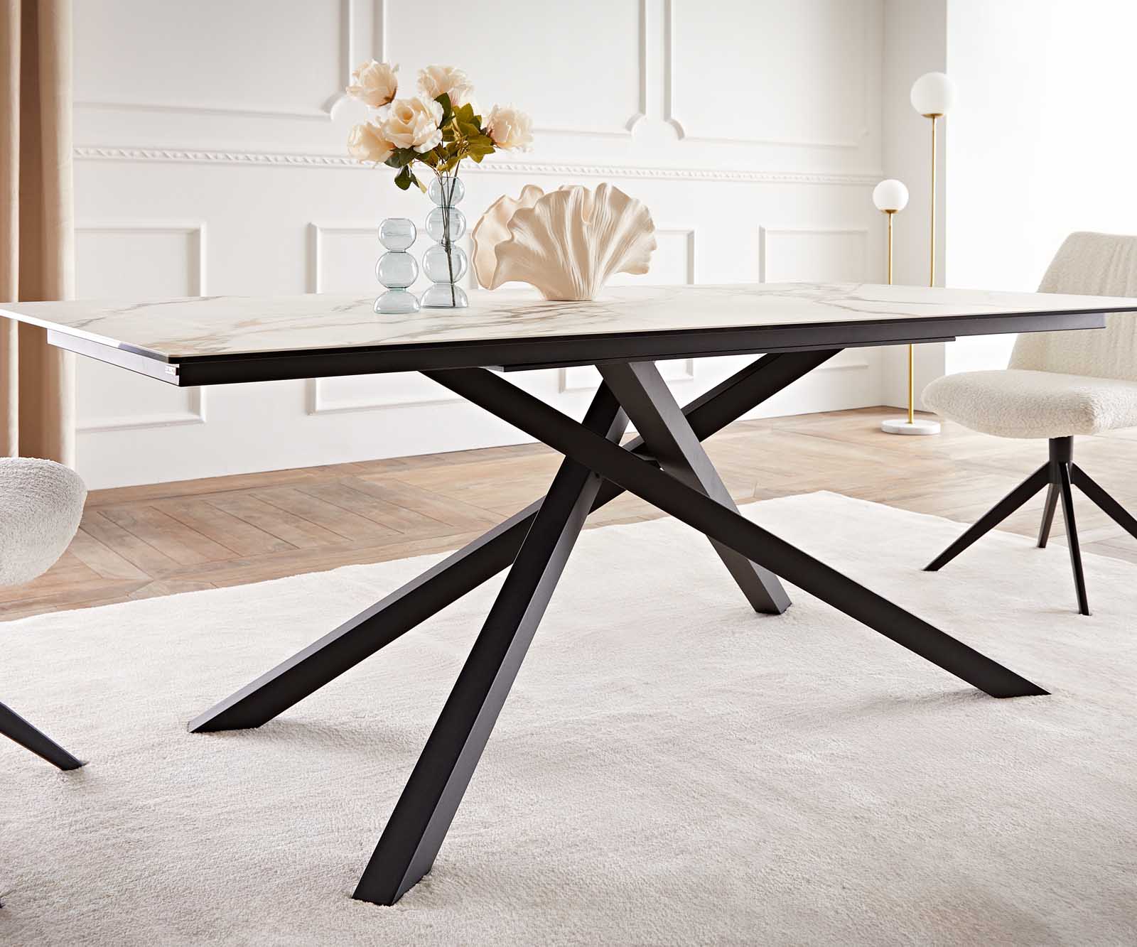 Eetkamertafel Edge 200x100 keramiek Calacatta Luxe wit-goud-grijs kruisframe rechthoek zwart 6