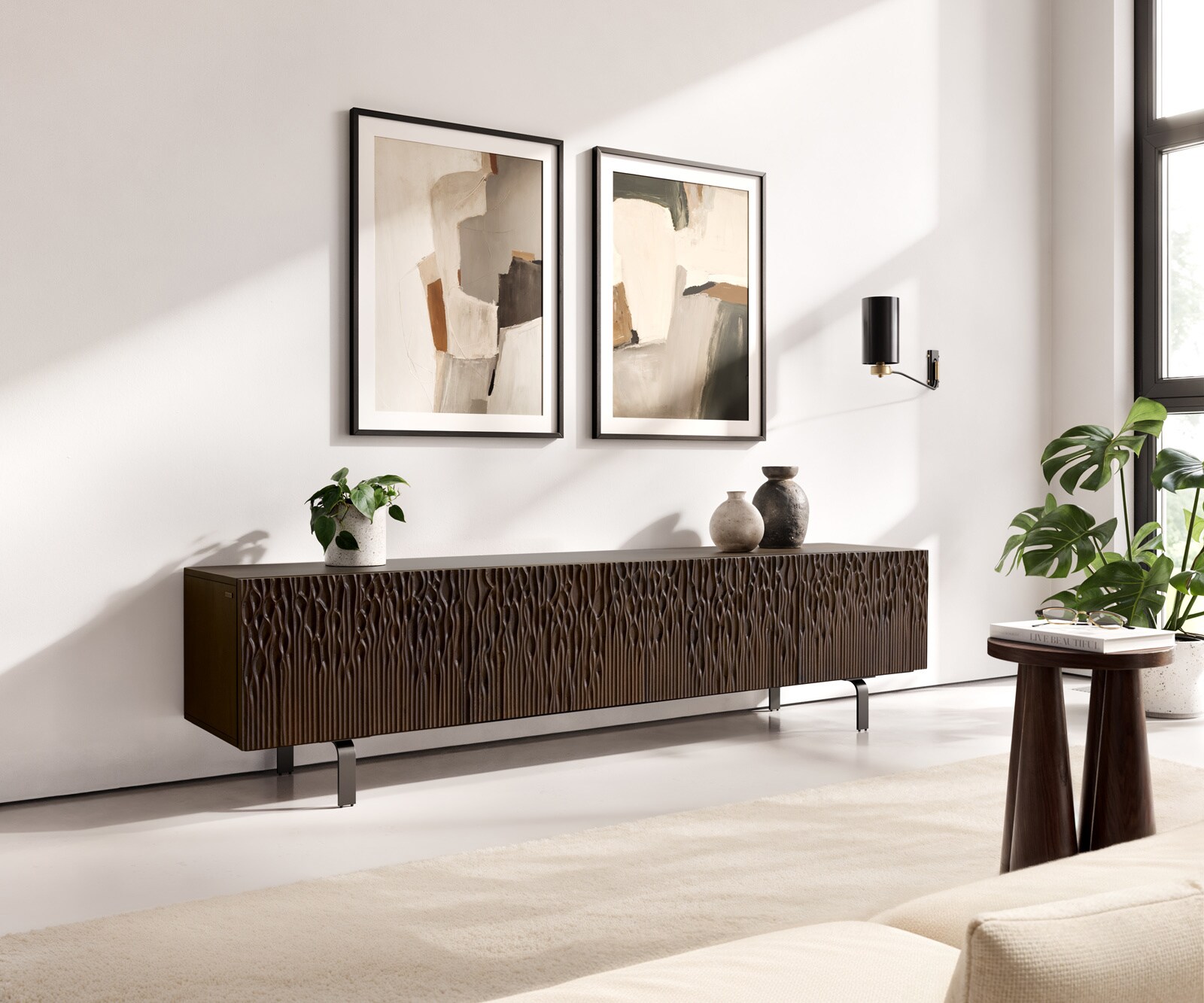 TV-meubel Follia 200 cm mango bruin 4 deuren L-Fuß poot metaal zwart