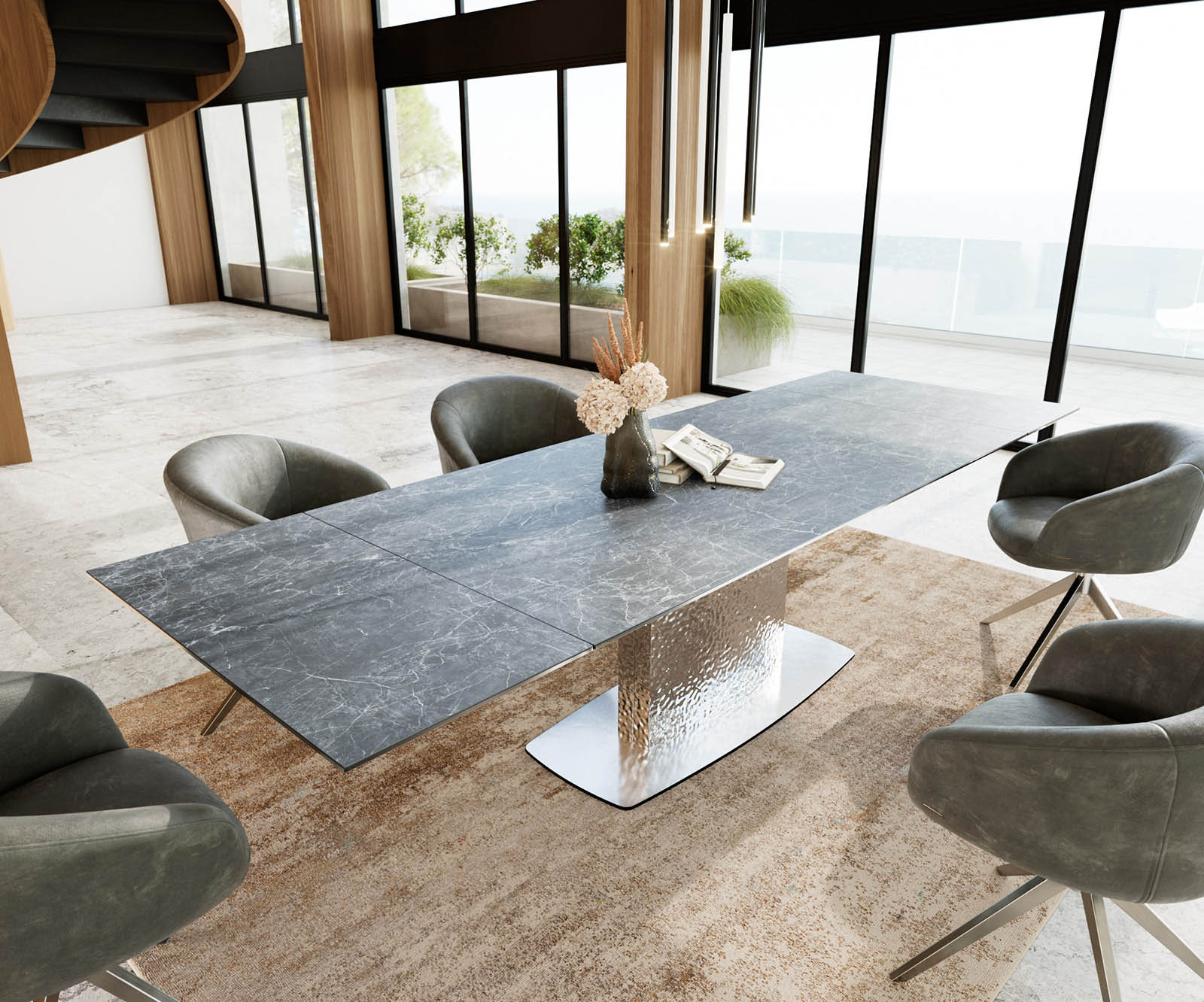 Eetkamertafel Edge 200-300x100 keramiek Laminam®Nero Greco grijs Wave RVS uitschuifbaar 1