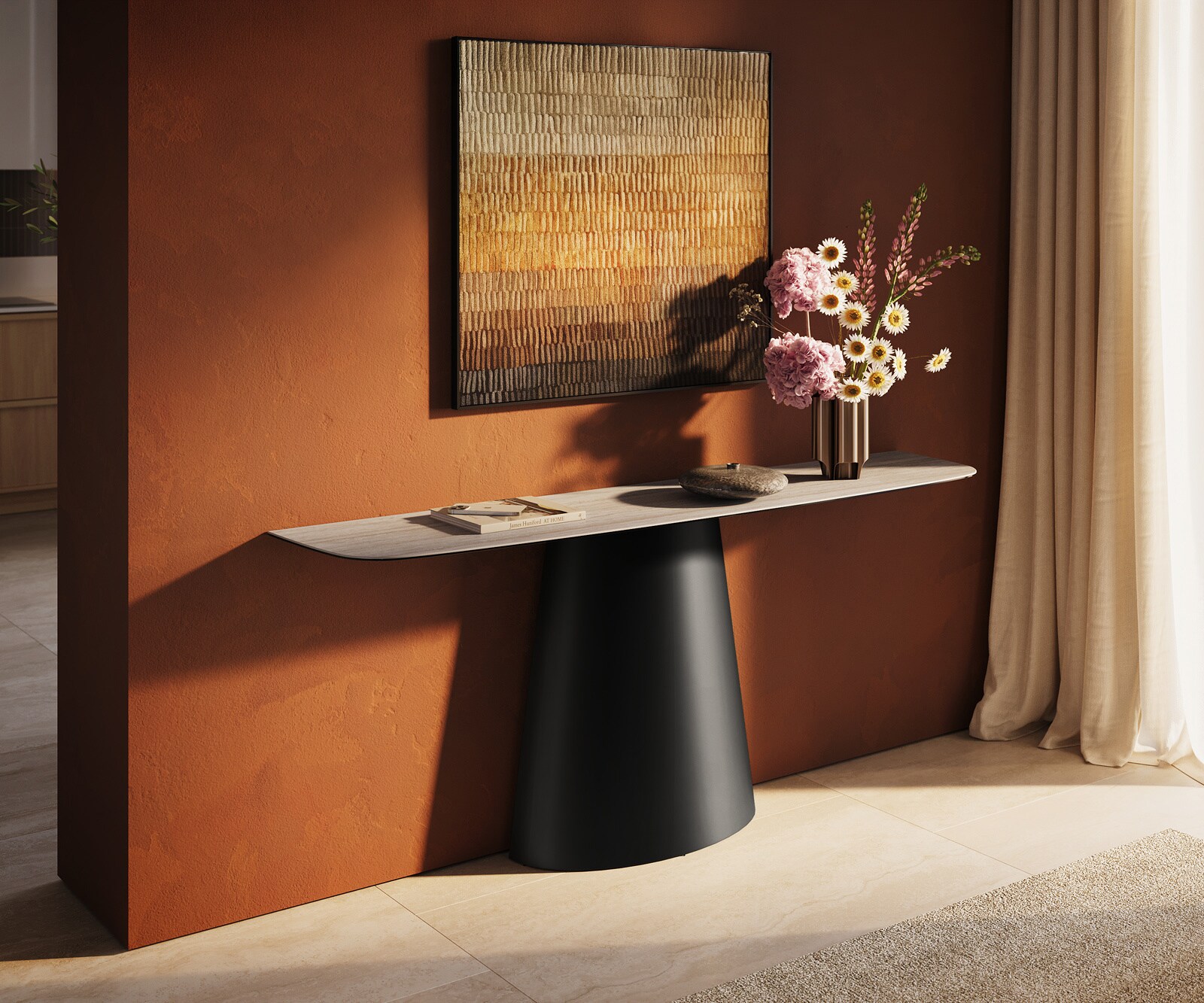 Consoletafel Edge Bootvorm 180x40 cm Keramiek Laminam® Travertino Bianco Creme-Weiß Conos Metaal Zwart 1
