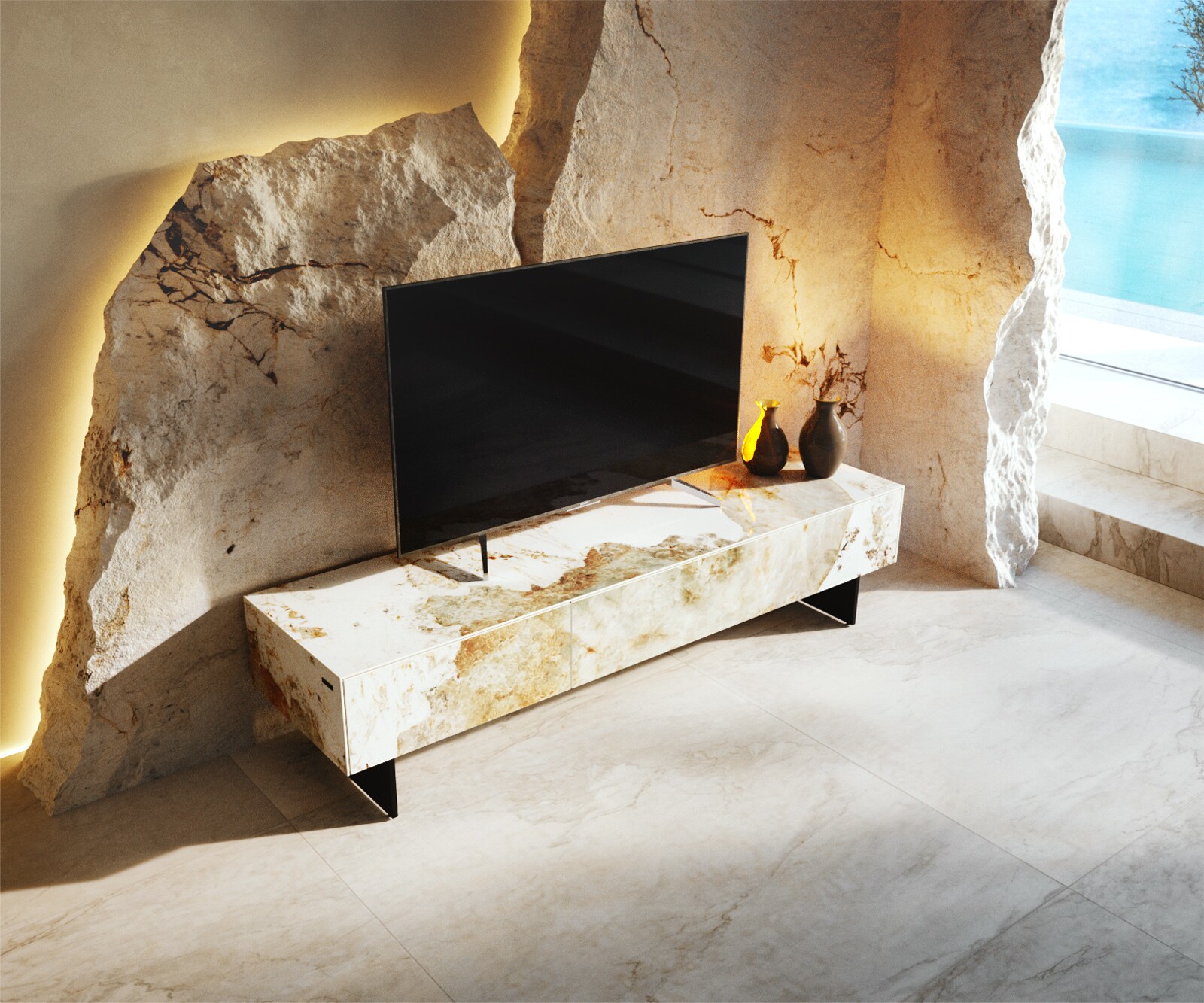 Tv-meubel Cuor 150 cm Keramiek Minas Melange Wit-beige 1 Flap 1 Lade Zwevende voet look Metaal Zwart 3